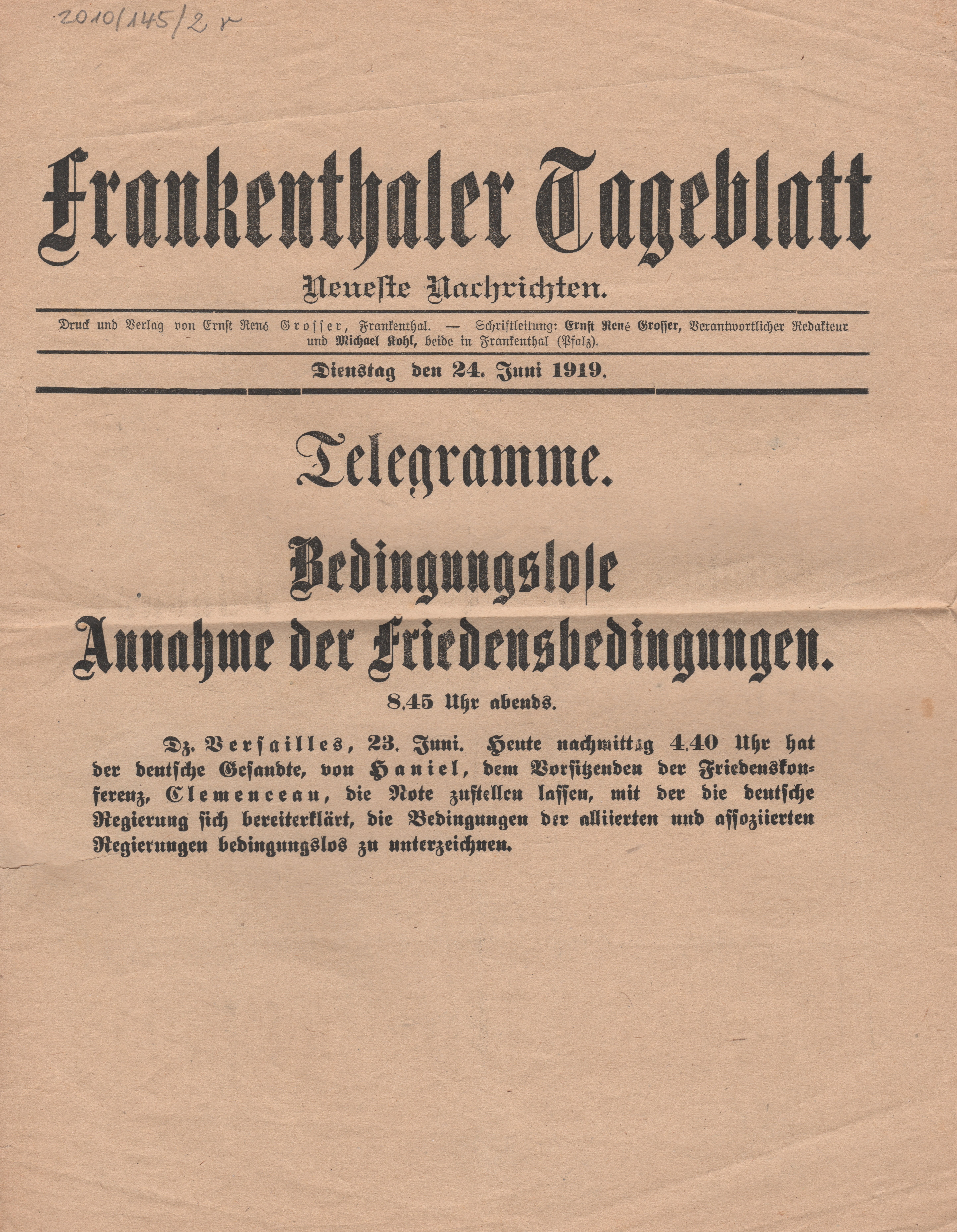 Frankenthaler Tageblatt Telegramme: Bedingungslose Annahme der Friedensbedingungen (Stadtmuseum Bad Dürkheim im Kulturzentrum Haus Catoir CC BY-NC-SA)