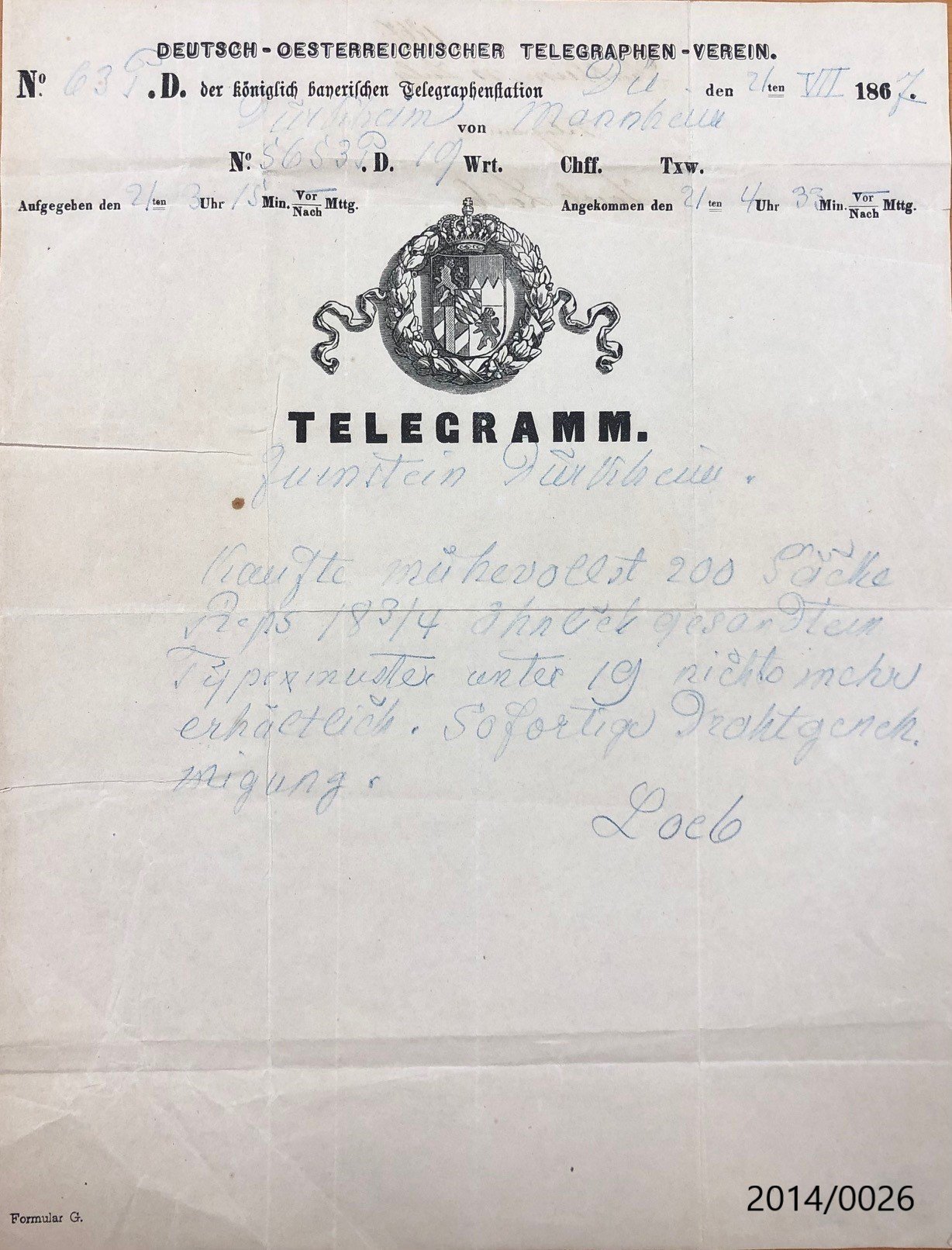 Telegramm des deutsch-oesterreichischen Telegraphen-Vereins: zum Kauf von 200 Säcken Raps; durch Zumstein, Dürkheim; 1867 (Stadtmuseum Bad Dürkheim im Kulturzentrum Haus Catoir CC BY-NC-SA)