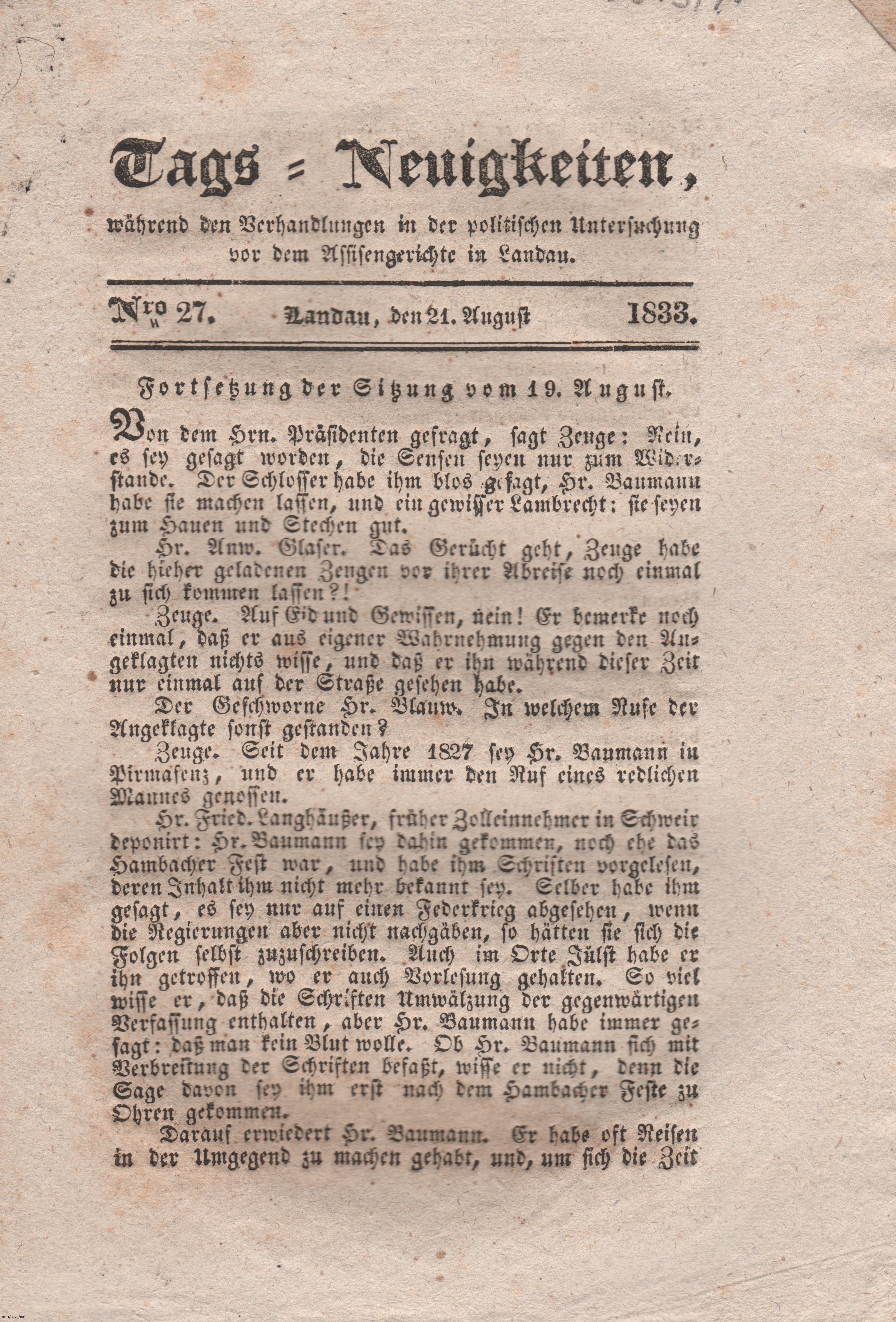 "Tags-Neuigkeiten No. 27 bis 30"; August 1832 (Stadtmuseum Bad Dürkheim im Kulturzentrum Haus Catoir CC BY-NC-SA)