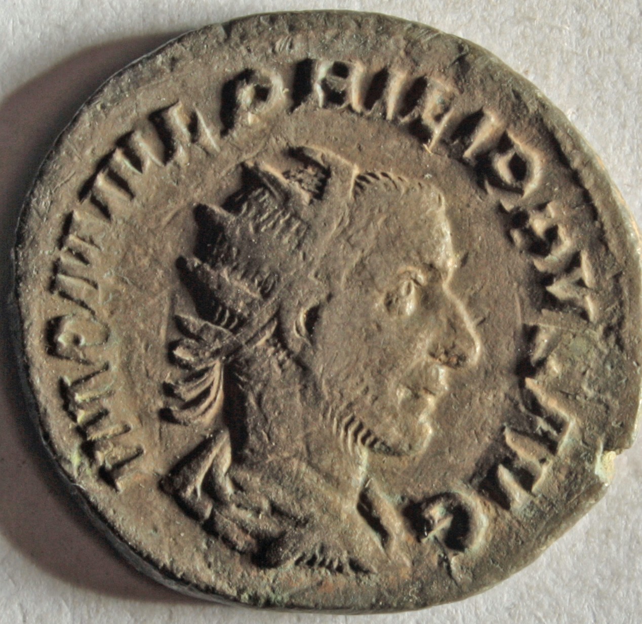 Römische Münze, Nominal Antoninian, Prägeherr Philippus Arabs, Prägeort Rom, Original (Museumsgesellschaft Bad Dürkheim e.V. CC BY-NC-SA)