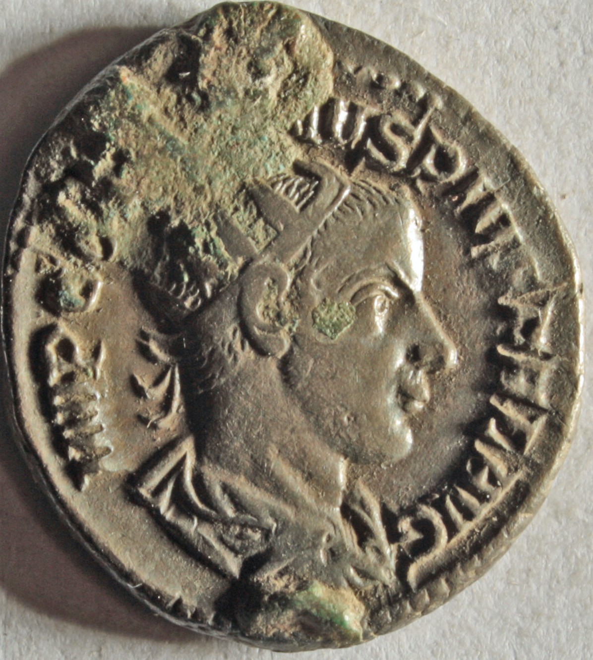 Römische Münze, Nominal Antoninian, Prägeherr Gordianus III., Prägeort Rom, Original (Museumsgesellschaft Bad Dürkheim e.V. CC BY-NC-SA)