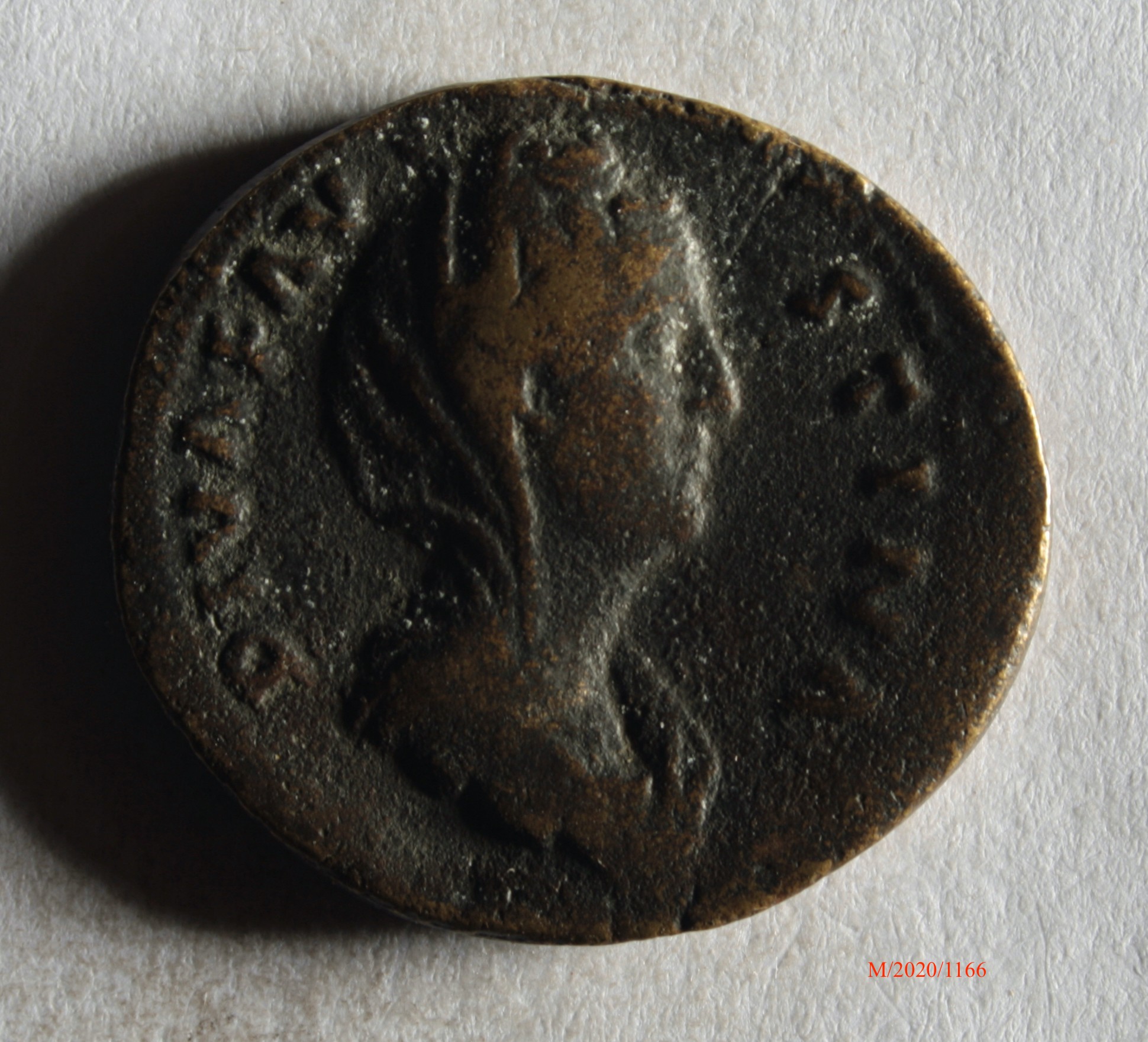 Römische Münze, Nominal Sesterz, Prägeherr Antoninus Pius f. Diva Faustina I., Prägeort nicht bestimmbar, Fälschung (Museumsgesellschaft Bad Dürkheim e.V. CC BY-NC-SA)