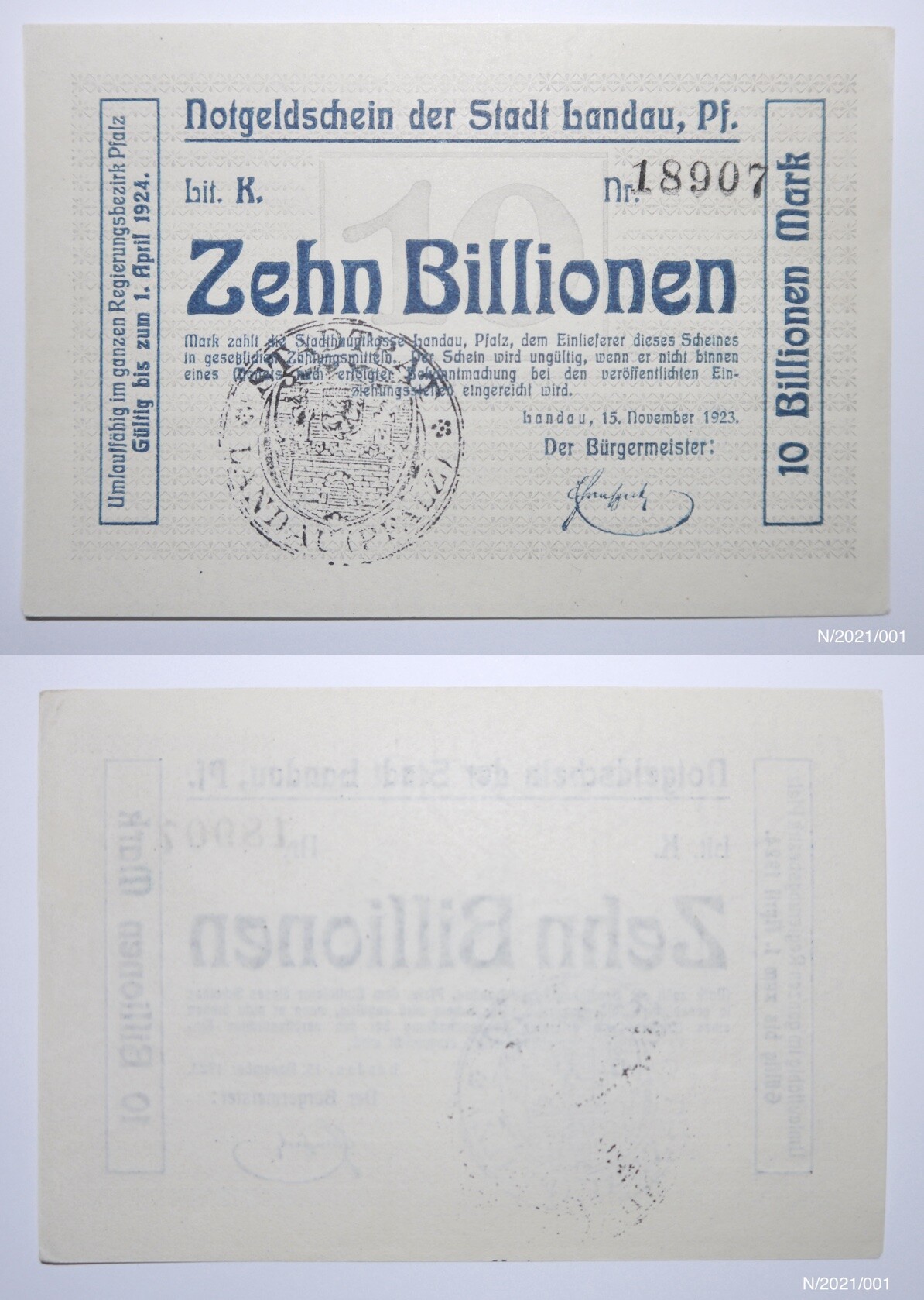 Notgeld Notgeldschein der Stadt Landau, Pf. Zehn Billionen Nr. 18907 (Museumsgesellschaft Bad Dürkheim e.V. CC BY-NC-SA)