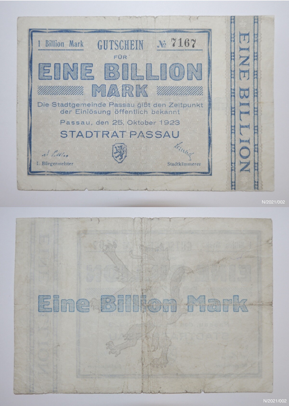 Notgeldschein der Stadt Passau Eine Billionen Mark No 7167 (Museumsgesellschaft Bad Dürkheim e.V. CC BY-NC-SA)
