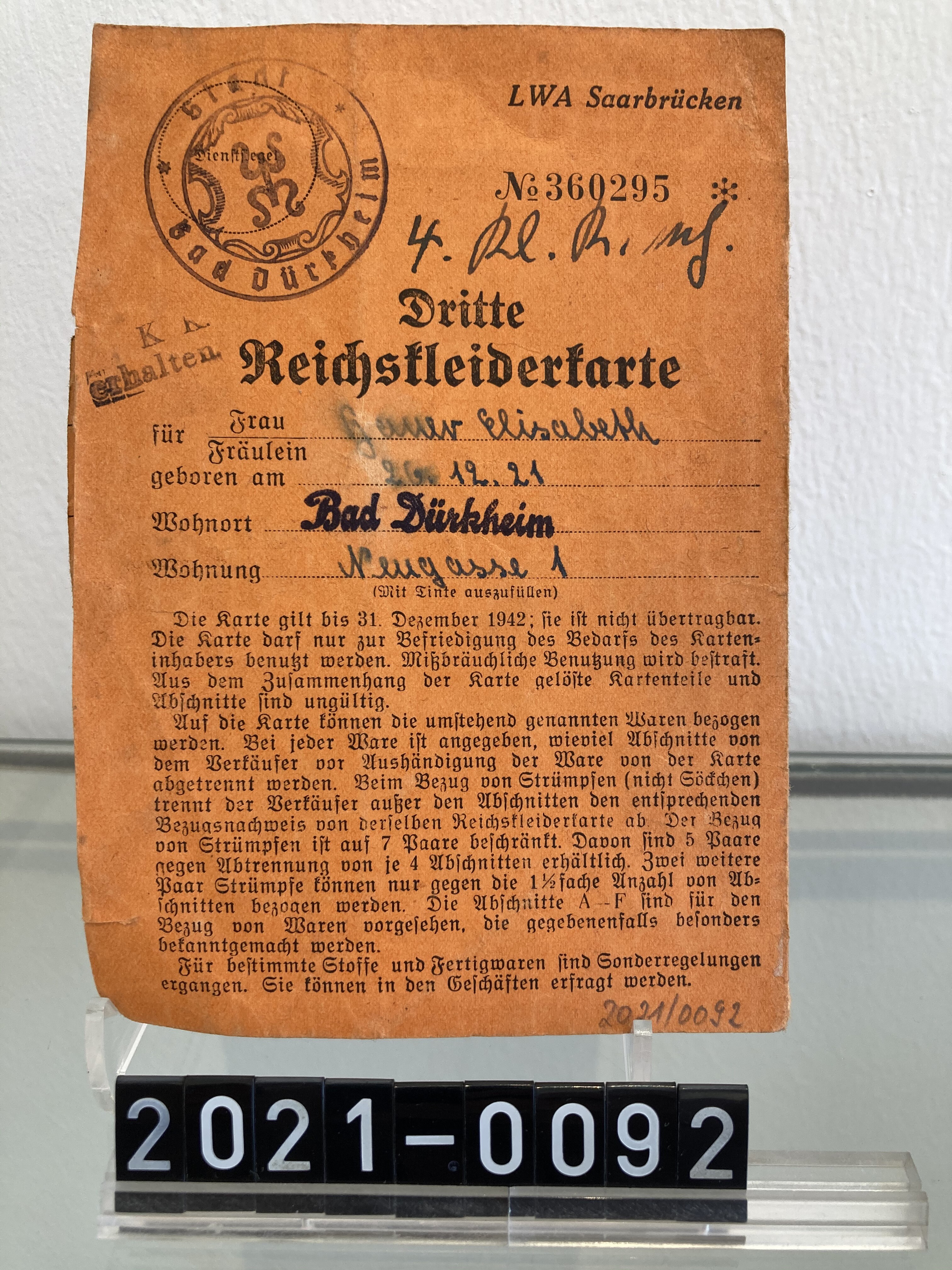 Dritte Reichskleiderkarte (Stadtmuseum Bad Dürkheim CC BY-NC-SA)