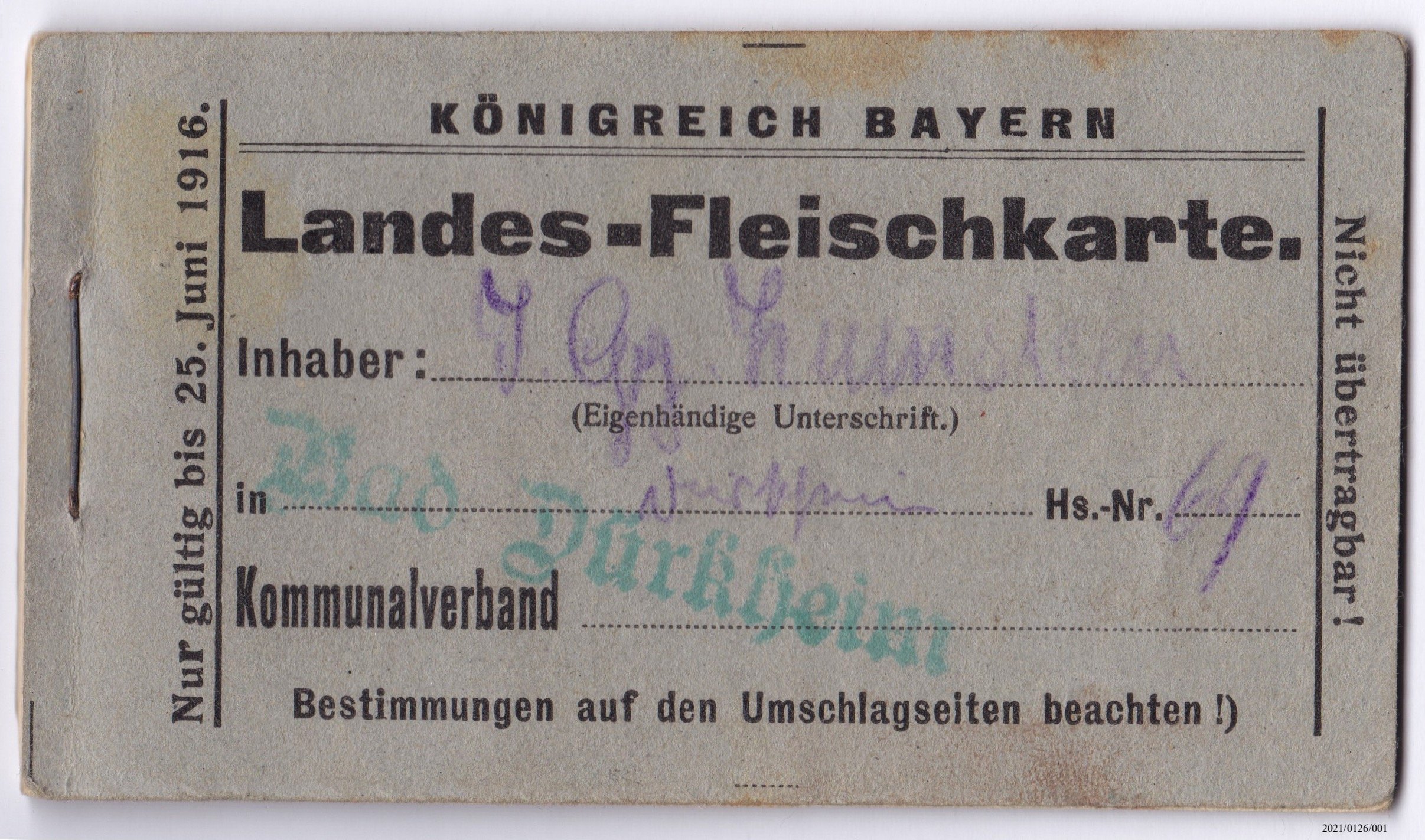 Bayerische Lebensmittelkarte: Landes-Fleischkarte Juni 1916 (Museumsgesellschaft Bad Dürkheim e. V. CC BY-NC-SA)