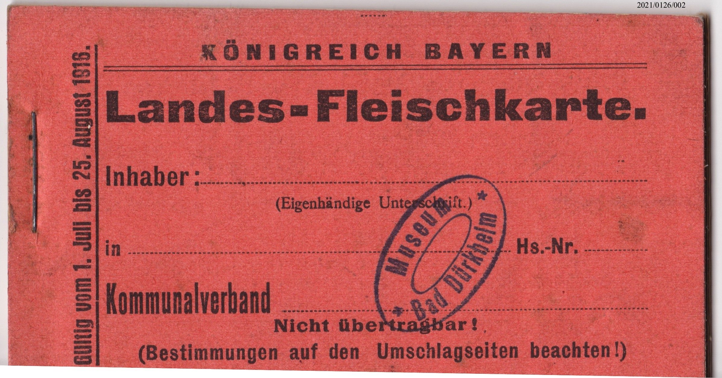 Bayerische Lebensmittelkarte: Landes-Fleischkarte Juli 1916 (Museumsgesellschaft Bad Dürkheim e. V. CC BY-NC-SA)