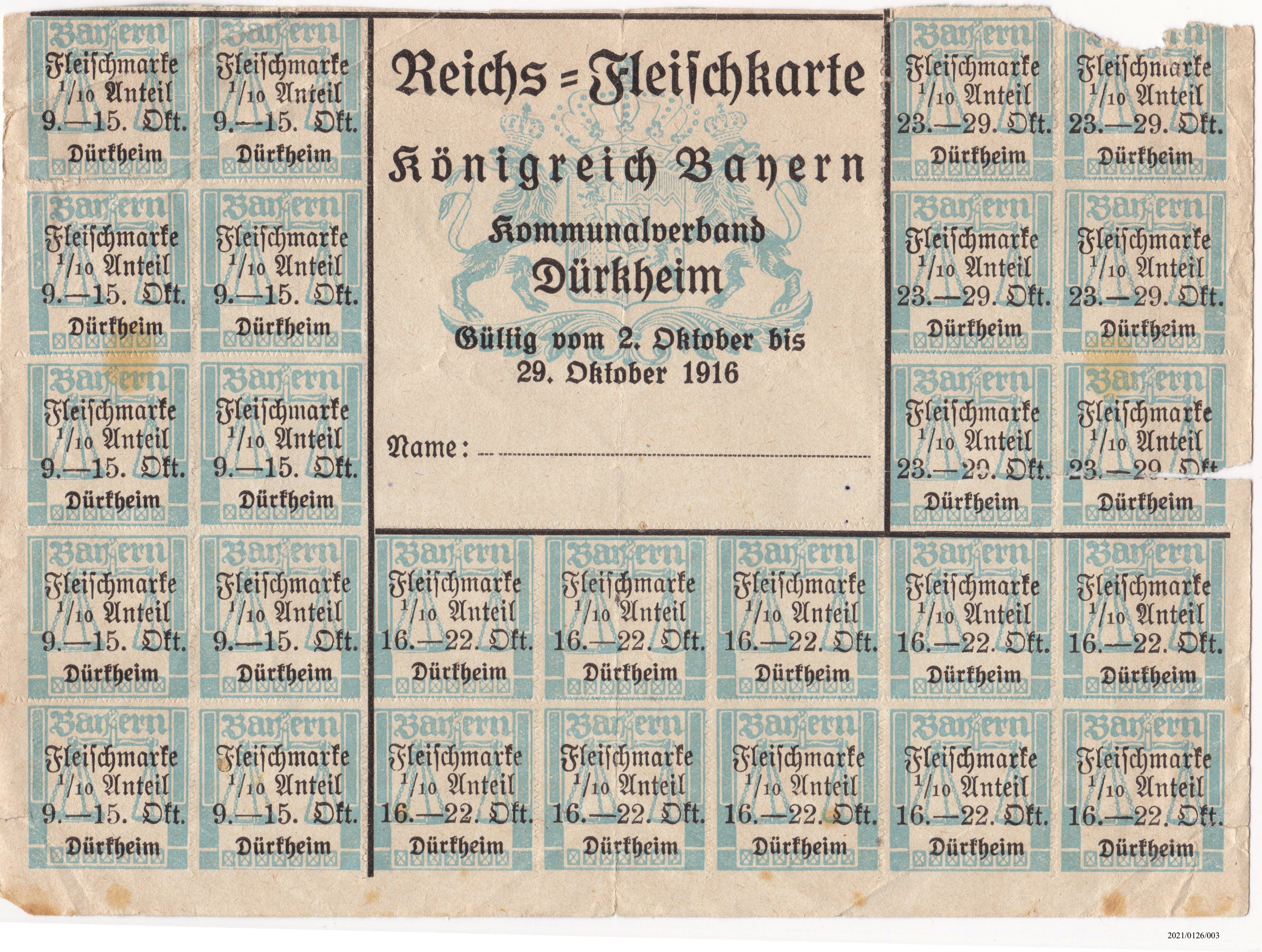 Bayerische Lebensmittelkarte: Reichs-Fleischkarte Dürkheim 1916 (Museumsgesellschaft Bad Dürkheim e. V. CC BY-NC-SA)