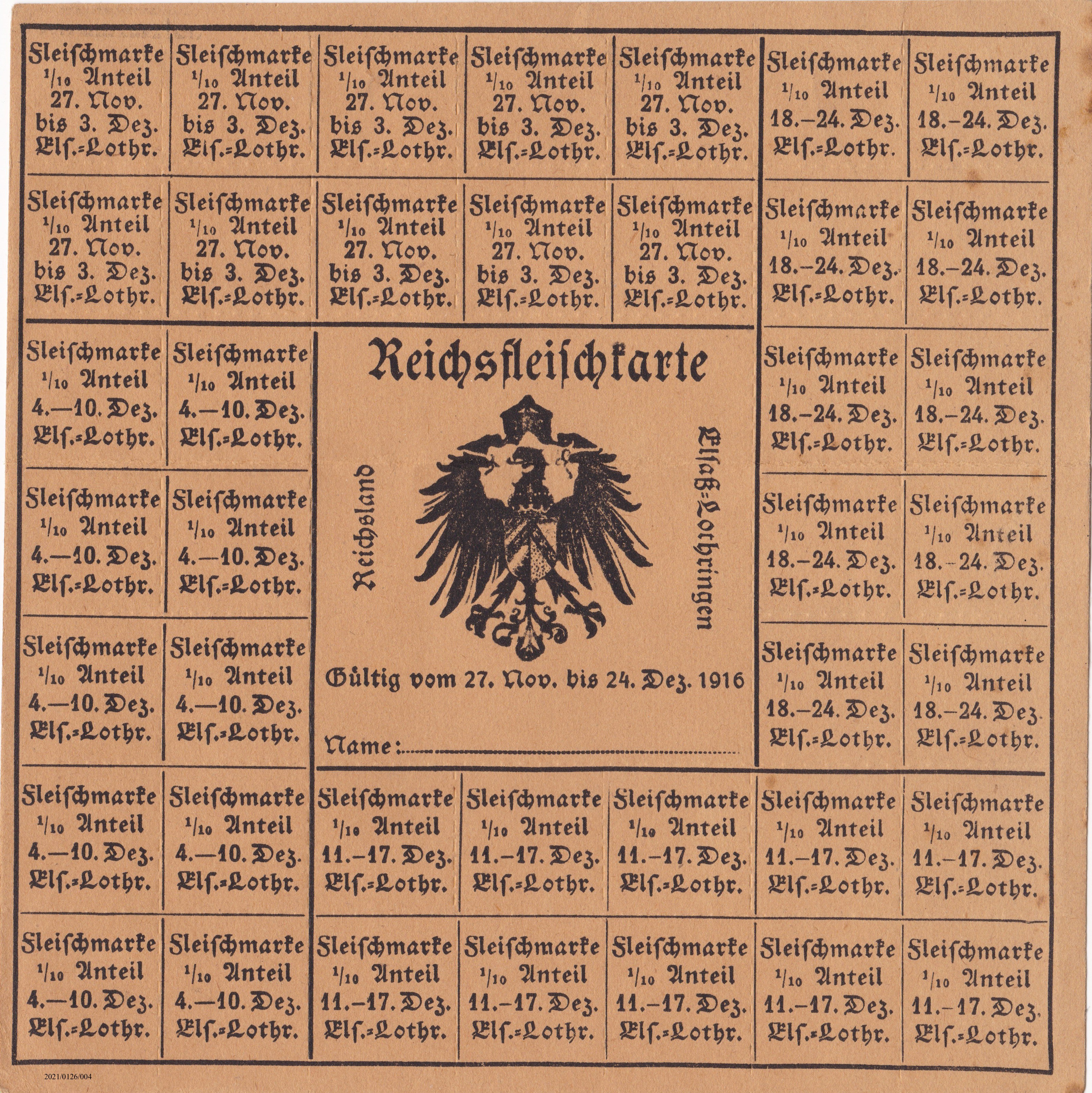 Bayerische Lebensmittelkarte: Reichs-Fleischkarte Elsass-Lothringen 1916 (Museumsgesellschaft Bad Dürkheim e. V. CC BY-NC-SA)