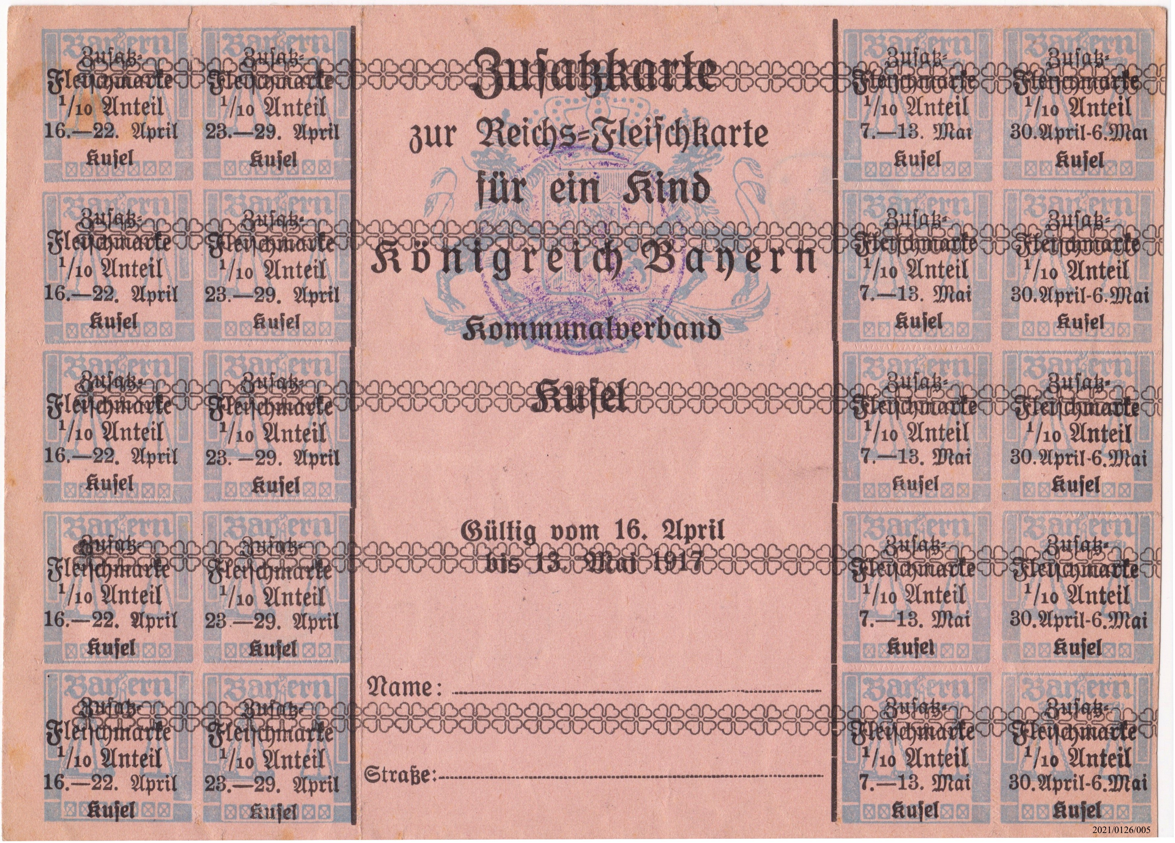 Bayerische Lebensmittelkarte: Reichs-Fleischkarte für ein Kind Kusel 1917 (Museumsgesellschaft Bad Dürkheim e. V. CC BY-NC-SA)