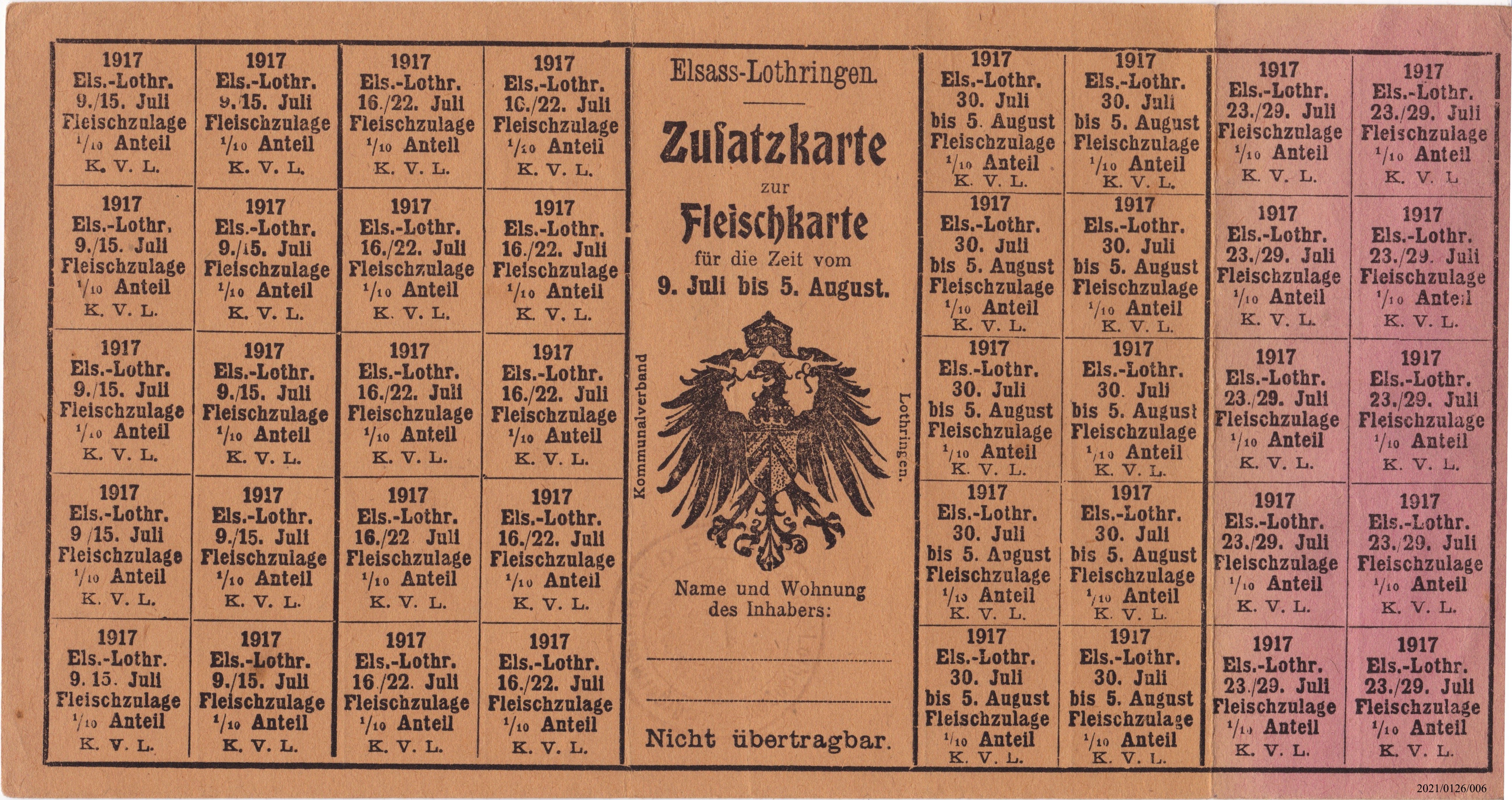 Bayerische Lebensmittelkarte: Zusatz-Karte zur Fleischkarte Elsass-Lothringen 1917 (Museumsgesellschaft Bad Dürkheim e. V. CC BY-NC-SA)