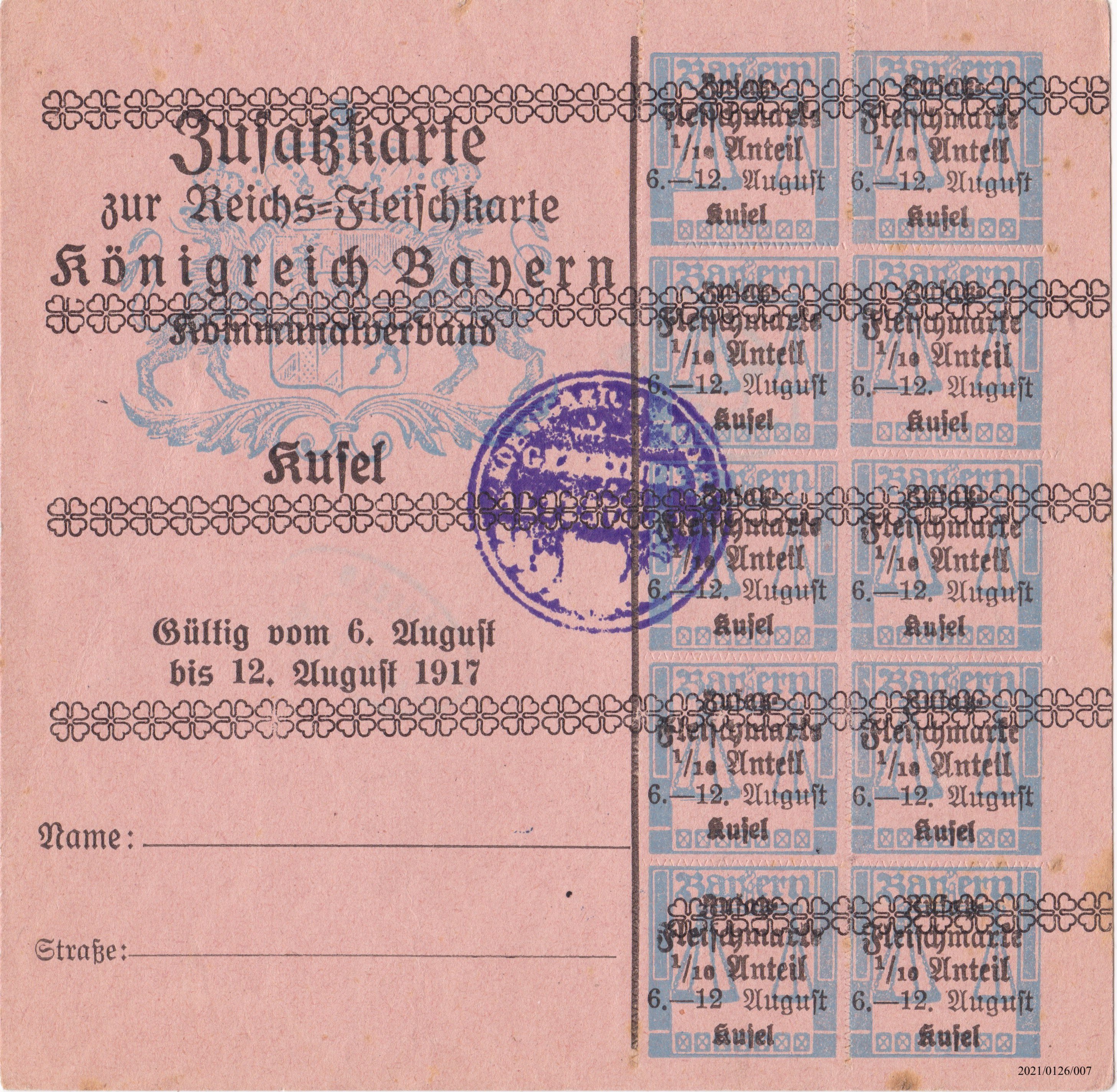 Bayerische Lebensmittelkarte: Zusatz-Karte zur Fleischkarte Kusel 1917 (Museumsgesellschaft Bad Dürkheim e. V. CC BY-NC-SA)