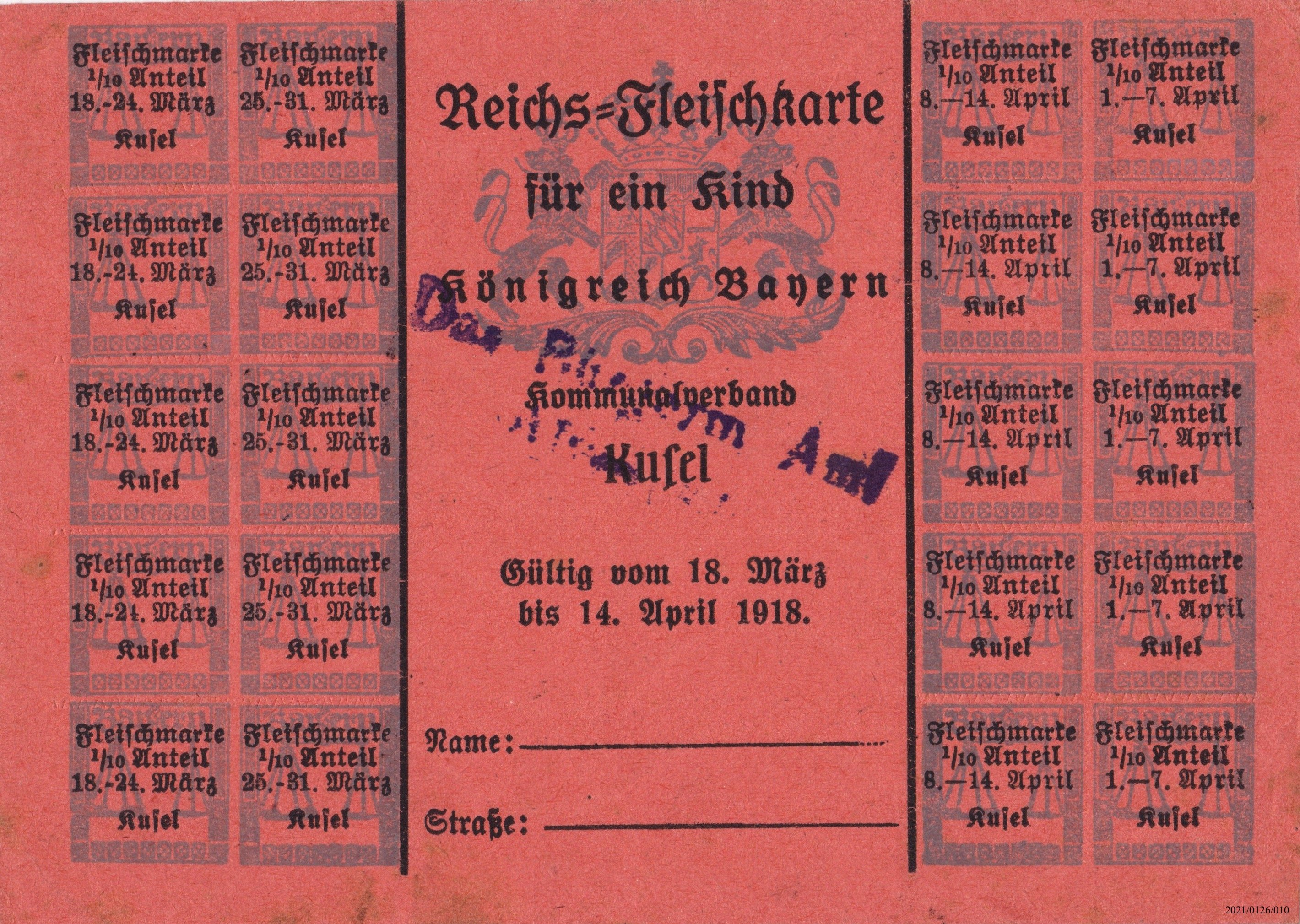 Reichsfleischkarte Königreich Bayern für ein Kind Kommunalverband Kusel 1918 (Museumsgesellschaft Bad Dürkheim e. V. CC BY-NC-SA)