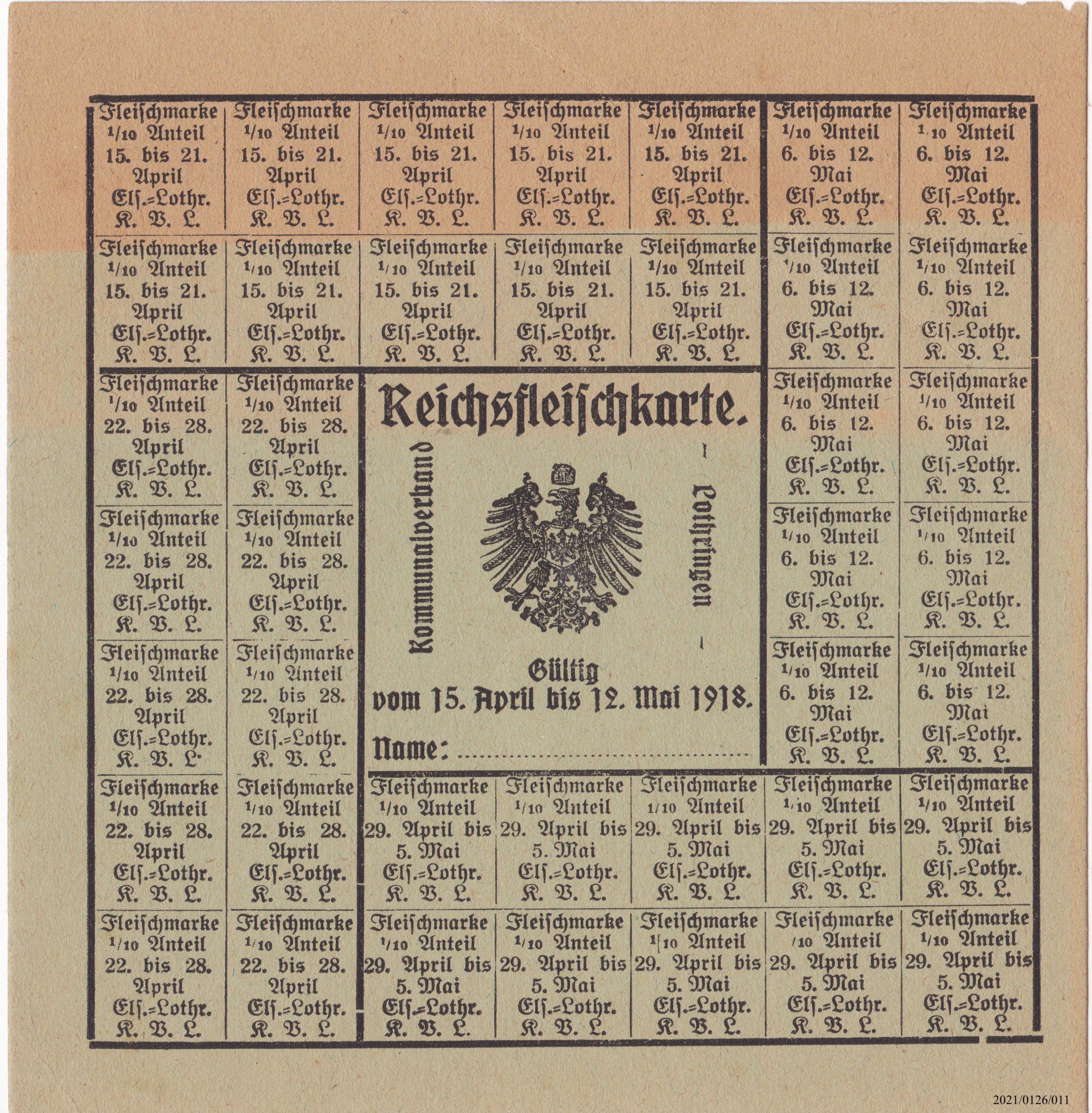 Reichsfleischkarte Kommunalverband Lothringen 1918 (Museumsgesellschaft Bad Dürkheim e. V. CC BY-NC-SA)
