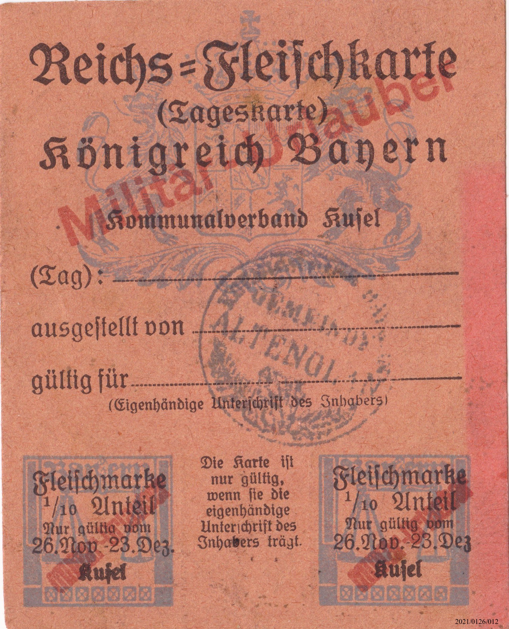 Reichs-Fleischkarte (Tagesmarke) Königreich Bayern Kommunalverband Kusel 1918(?) (Museumsgesellschaft Bad Dürkheim e. V. CC BY-NC-SA)