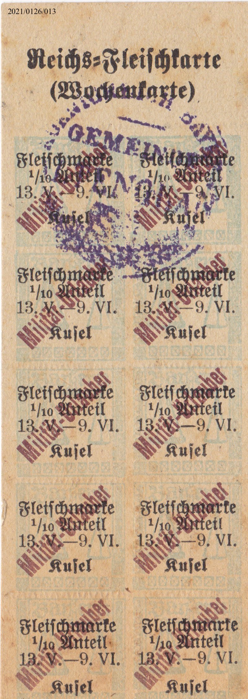 Reichs-Fleischkarte (Wochenkarte) Militär-Urlauber (Museumsgesellschaft Bad Dürkheim e. V. CC BY-NC-SA)