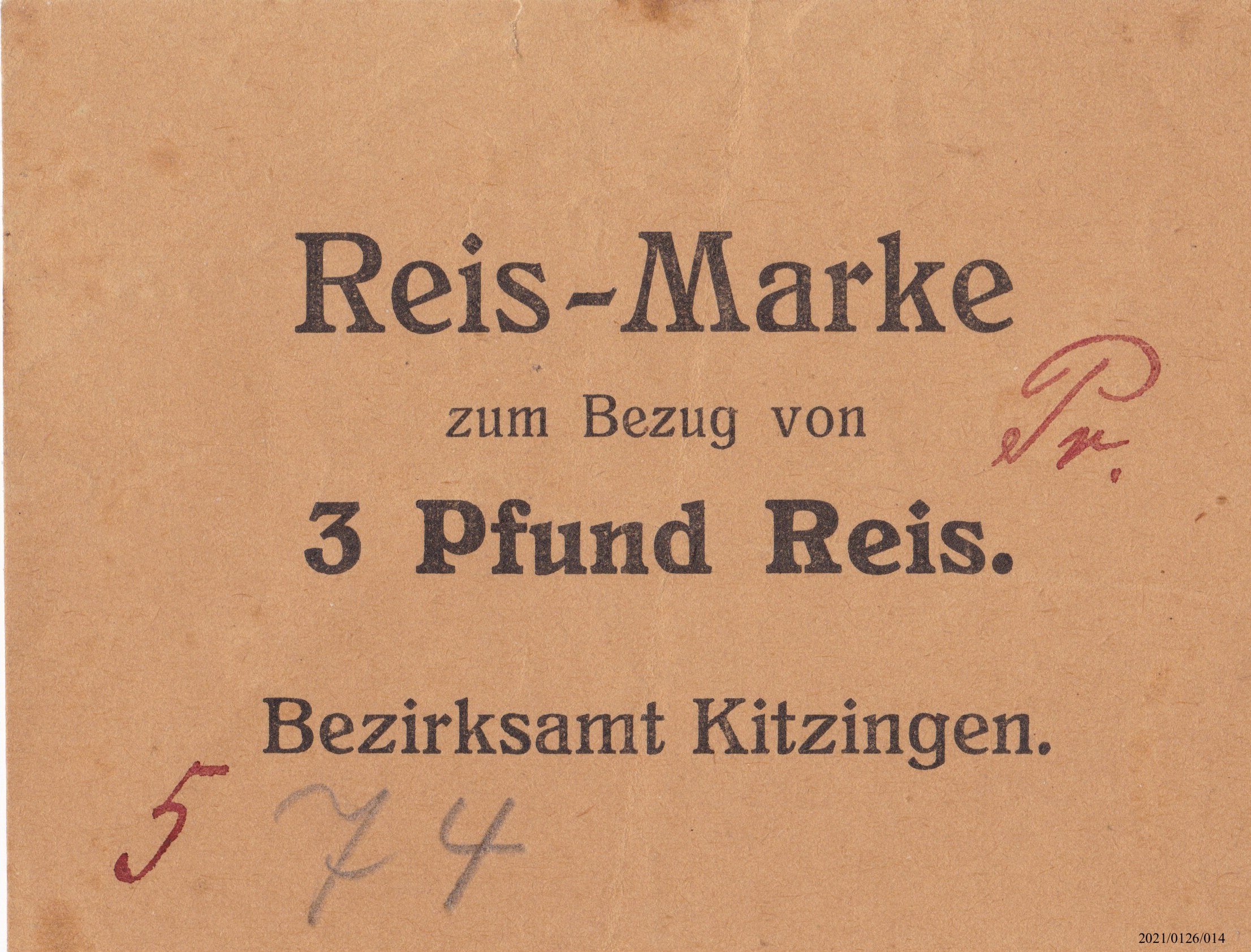 Reismarke Bezirksamt Kitzingen 1918(?) (Museumsgesellschaft Bad Dürkheim e. V. CC BY-NC-SA)