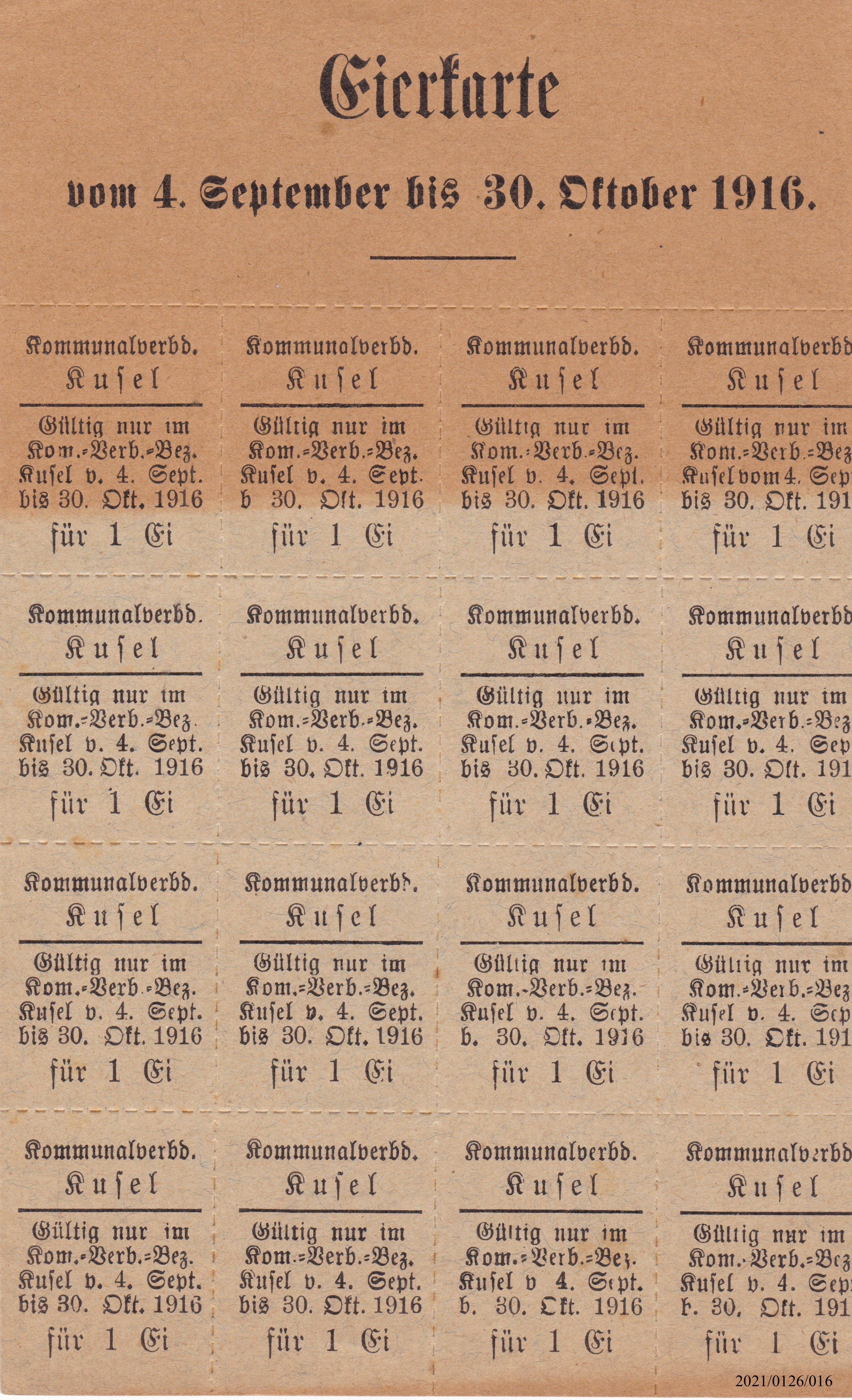 Eierkarte Kommunalverbund Kusel 1916 (Museumsgesellschaft Bad Dürkheim e. V. CC BY-NC-SA)
