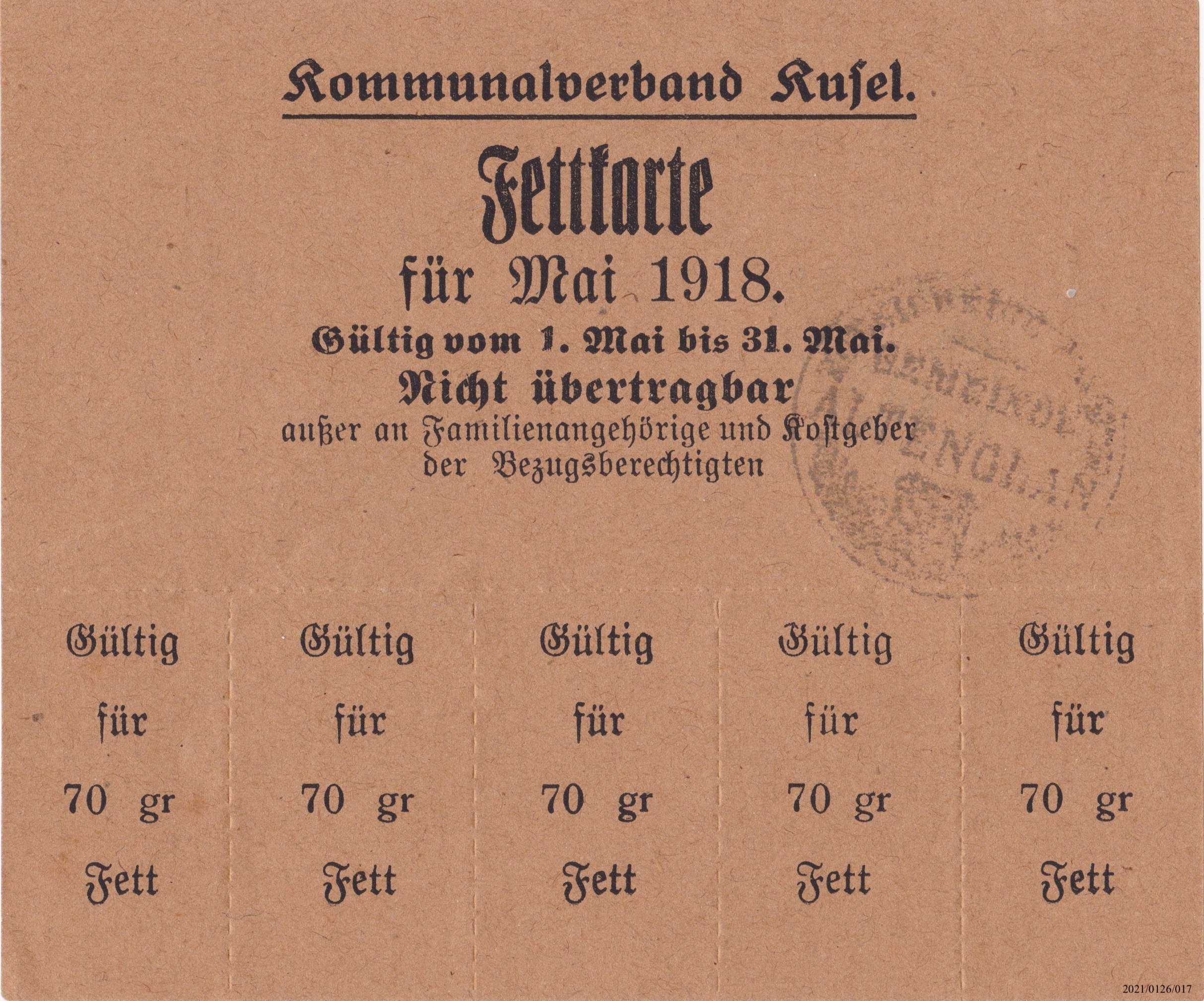Fettkarte Kommunalverband Kusel 1918 (Museumsgesellschaft Bad Dürkheim e. V. CC BY-NC-SA)