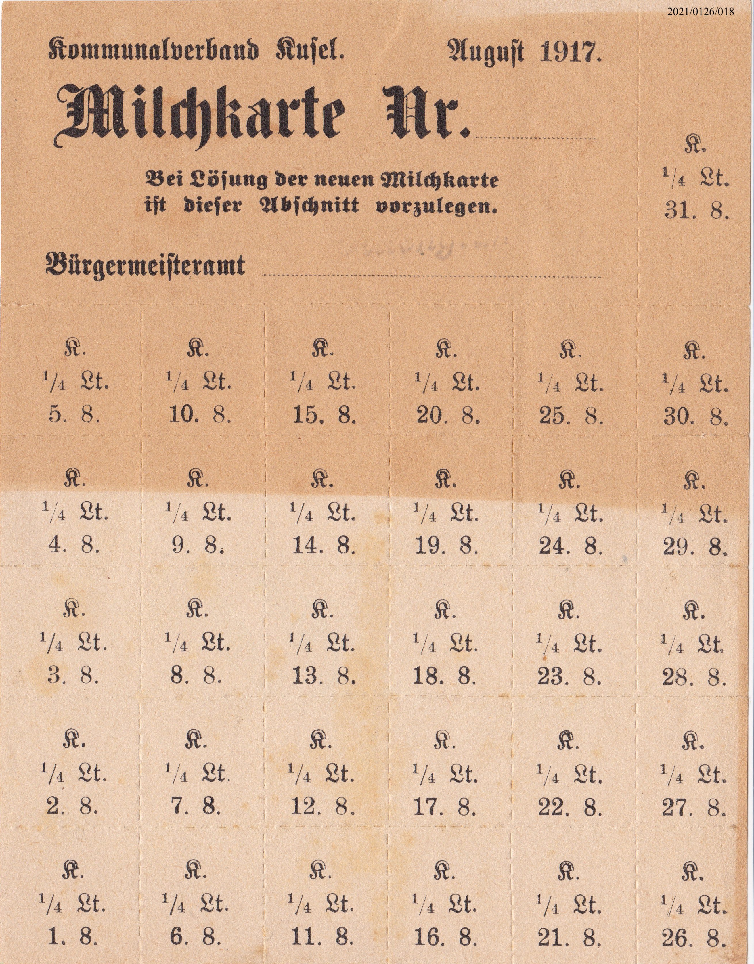 Milchkarte Kommunalverband Kusel 1917 (Museumsgesellschaft Bad Dürkheim e. V. CC BY-NC-SA)