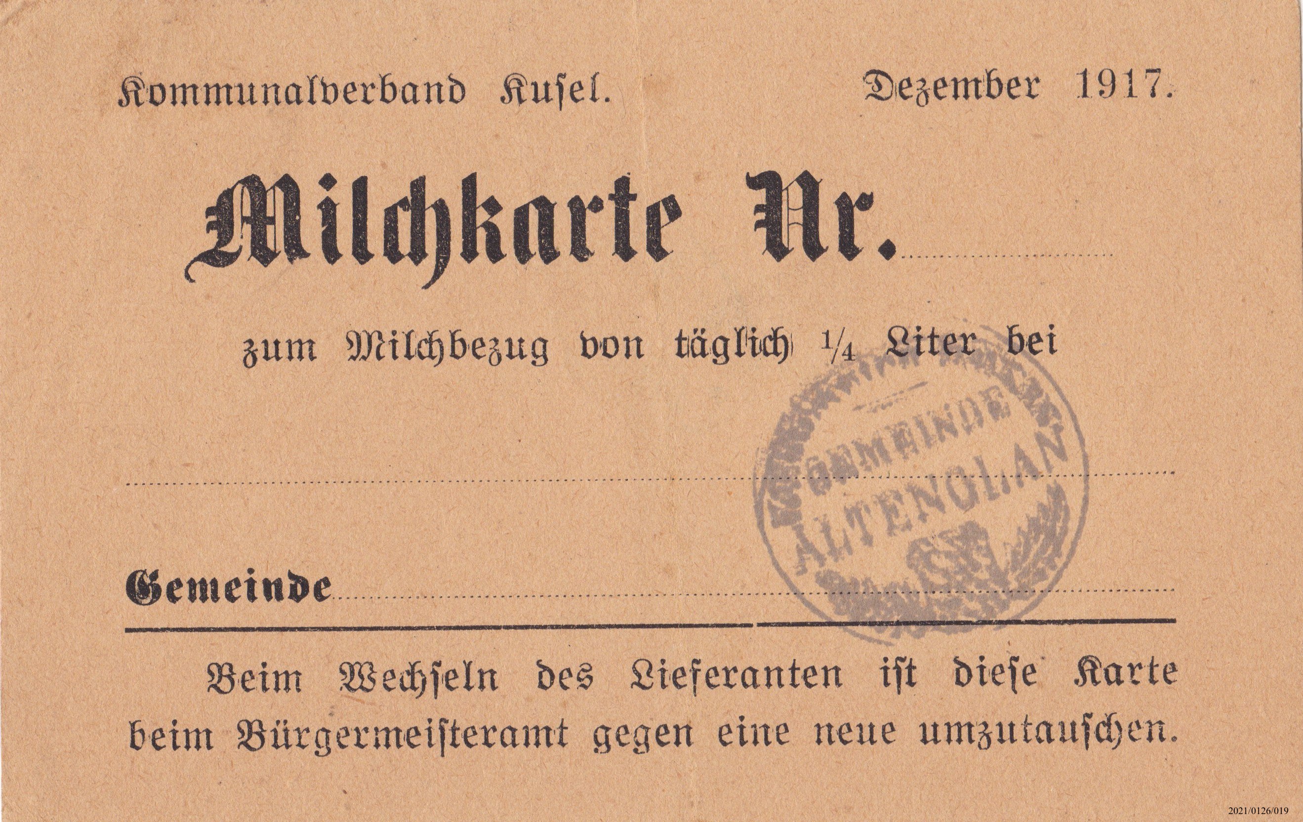 Milchkarte Kommunalverband Kusel Dezember 1917 (Museumsgesellschaft Bad Dürkheim e. V. CC BY-NC-SA)