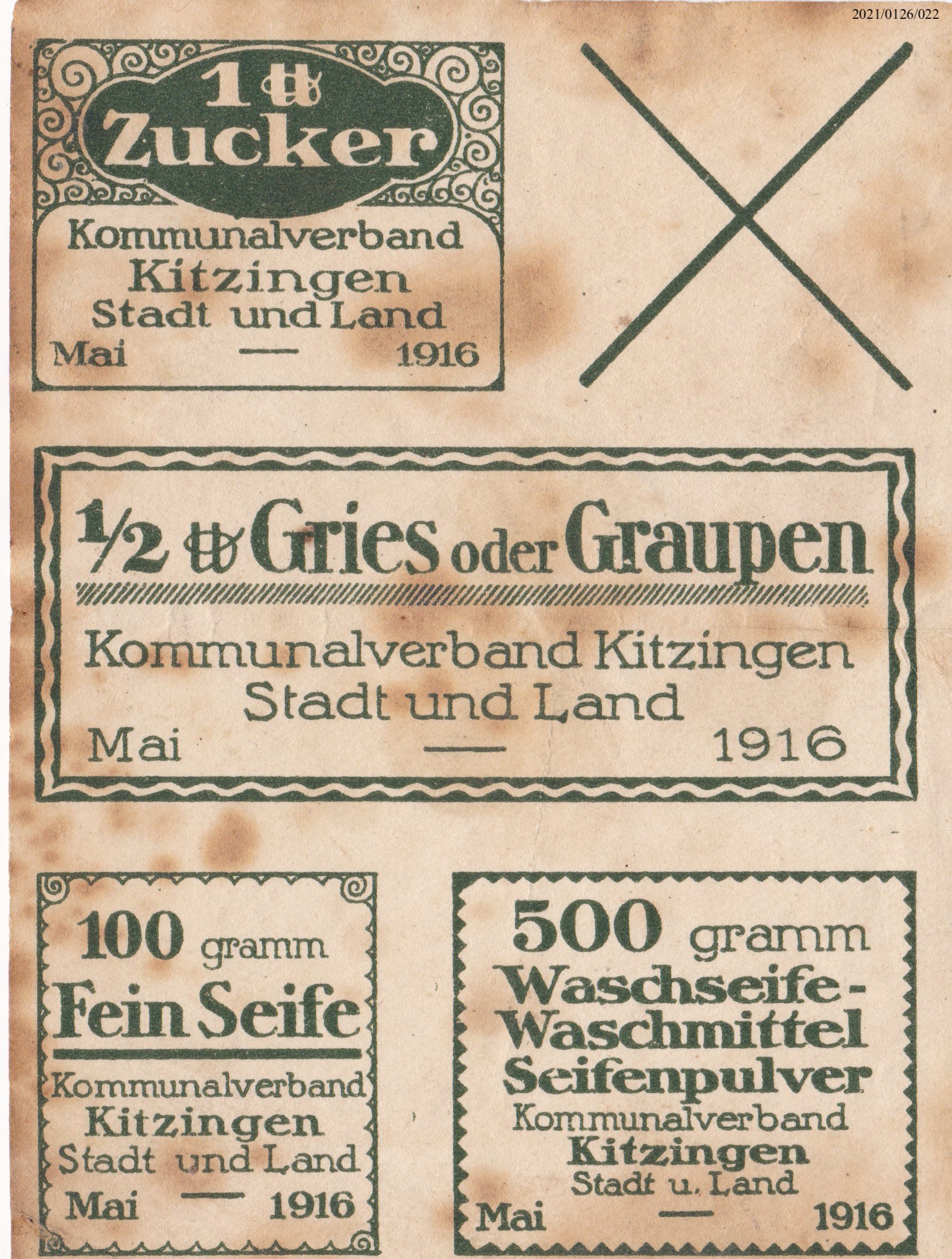 Zucker-, Gries- und Seifenkarte Kommunalverband Kitzingen 1916 (Museumsgesellschaft Bad Dürkheim e. V. CC BY-NC-SA)