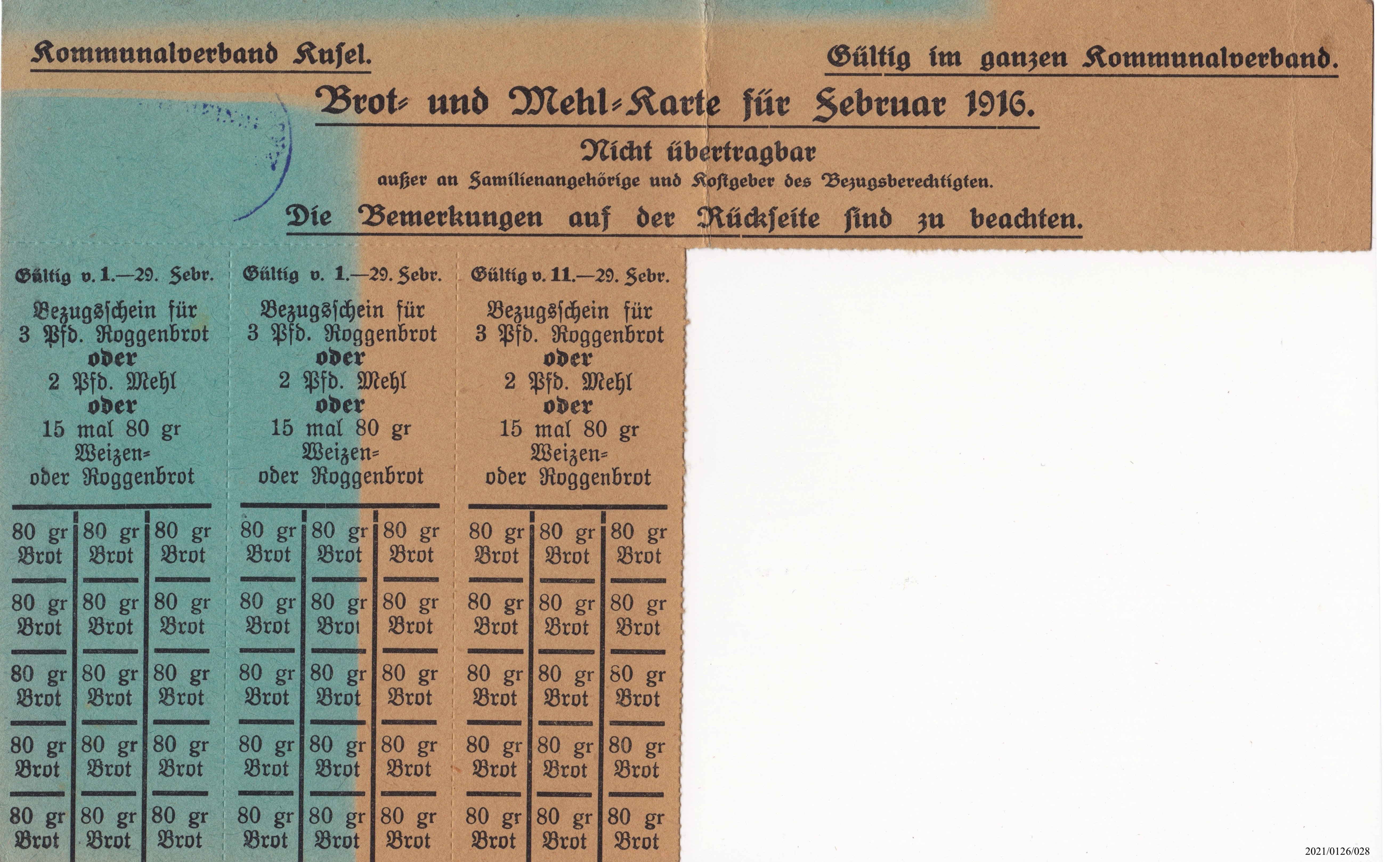 Brot- und Mehlkarte Kommunalverband Kusel 1916 (Museumsgesellschaft Bad Dürkheim e. V. CC BY-NC-SA)