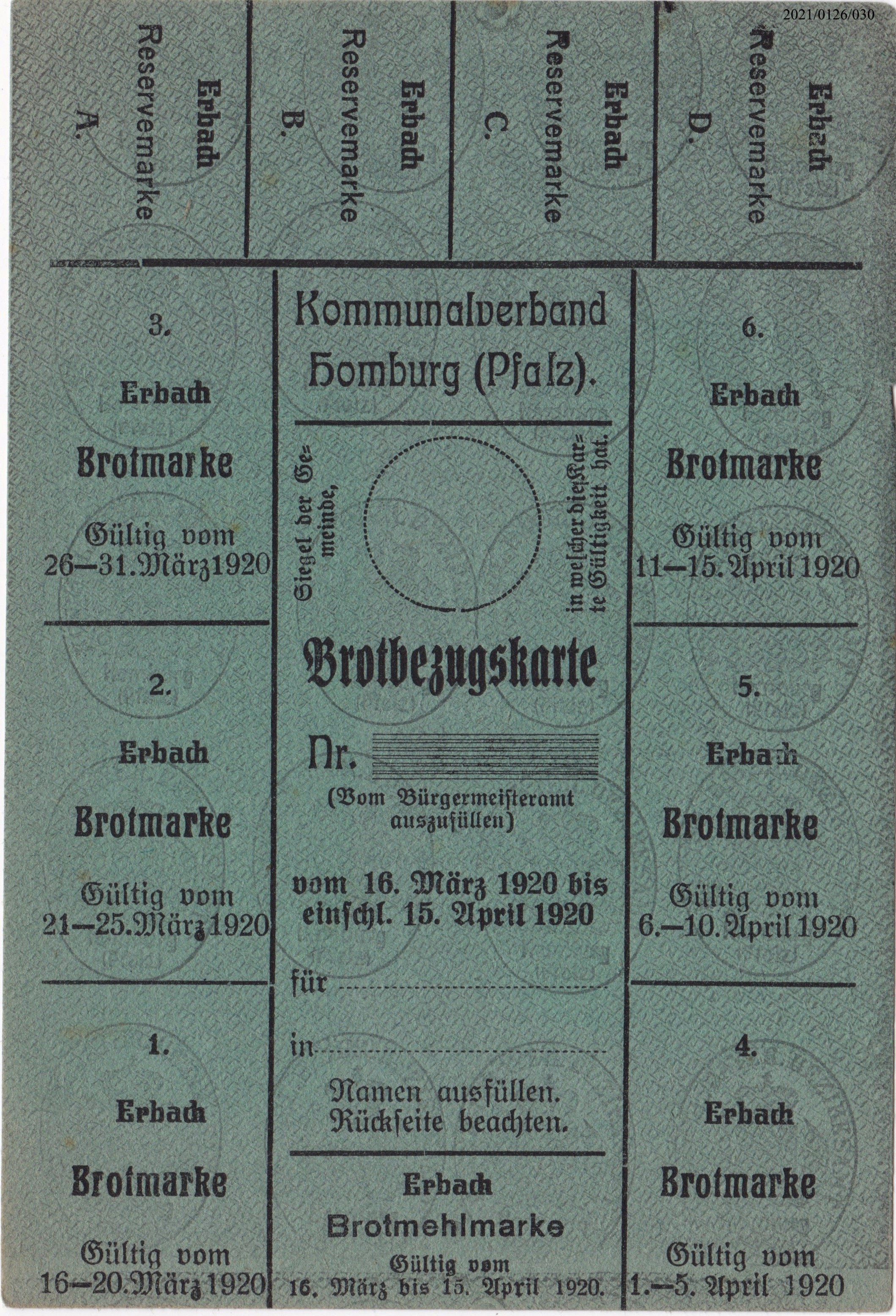 Brotbezugskarte Kommunalverband Homburg (Pfalz) 1920 (Museumsgesellschaft Bad Dürkheim e. V. CC BY-NC-SA)
