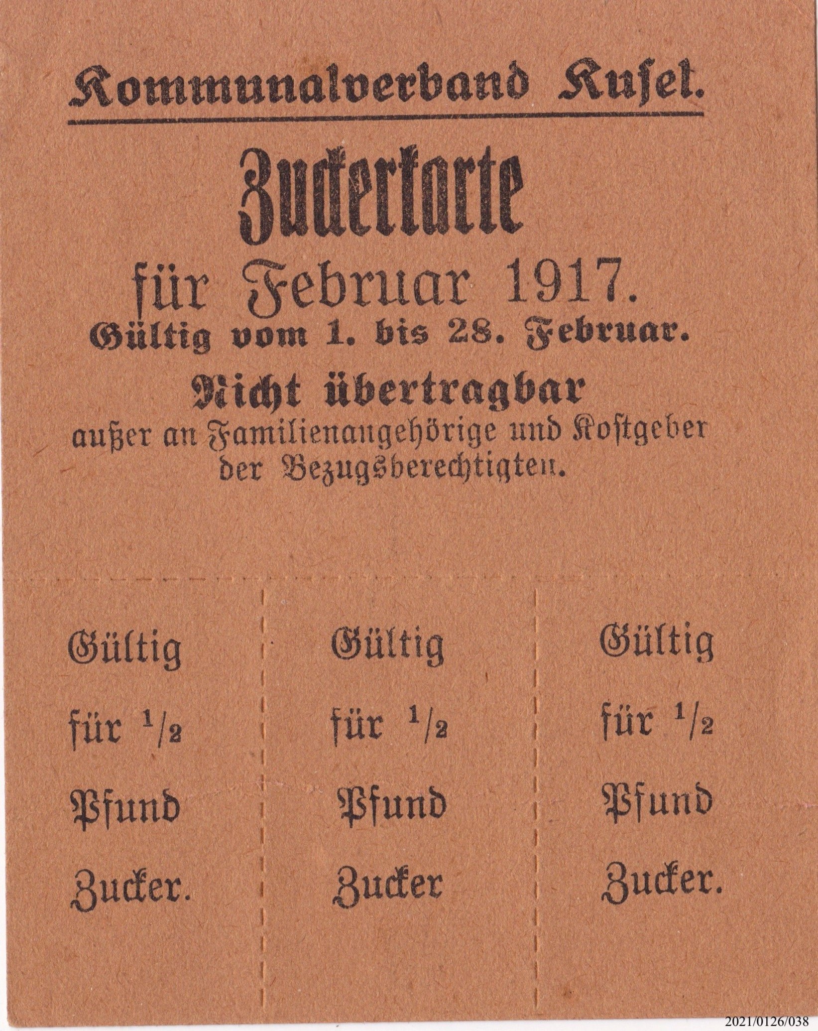 Zuckerkarte Kommunalverband Kusel Februar 1917 (Museumsgesellschaft Bad Dürkheim e. V. CC BY-NC-SA)
