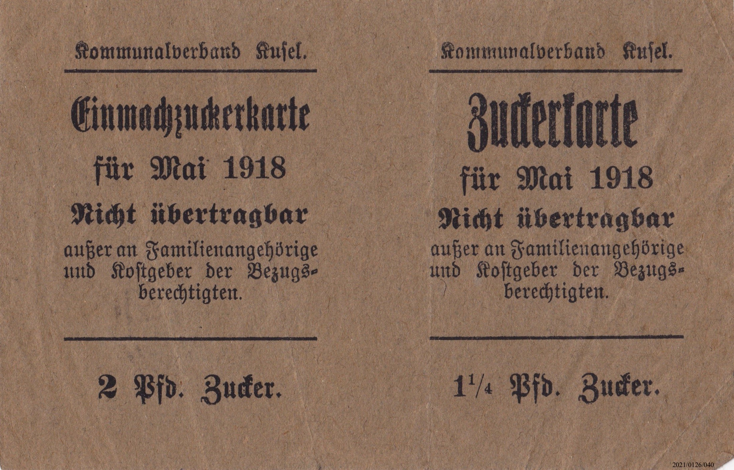 Zuckerkarte Kommunalverband Kusel Mai 1918 (Museumsgesellschaft Bad Dürkheim e. V. CC BY-NC-SA)