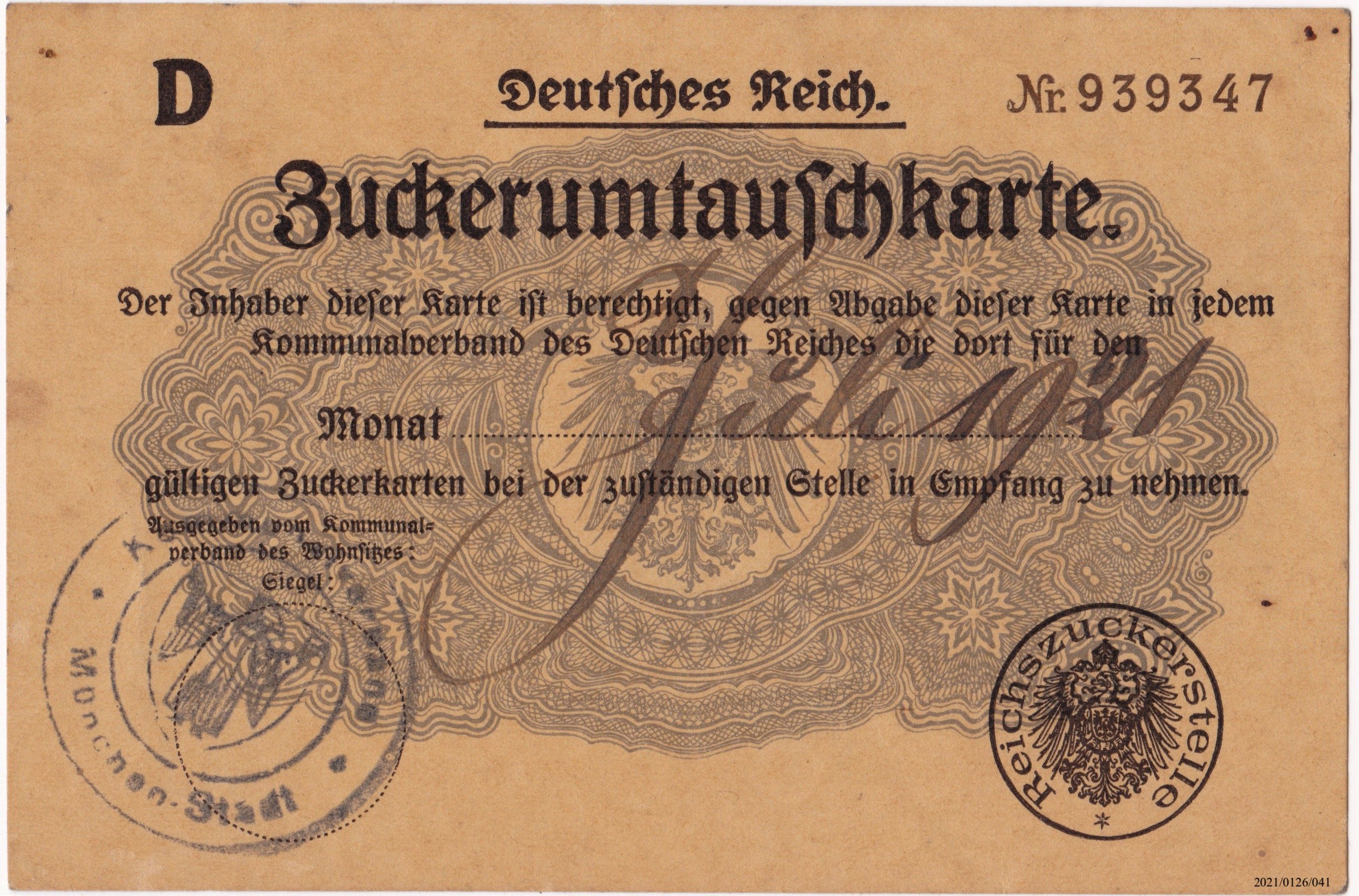 Zuckerumtauschkarte Deutsches Reich 1921 (Museumsgesellschaft Bad Dürkheim e. V. CC BY-NC-SA)