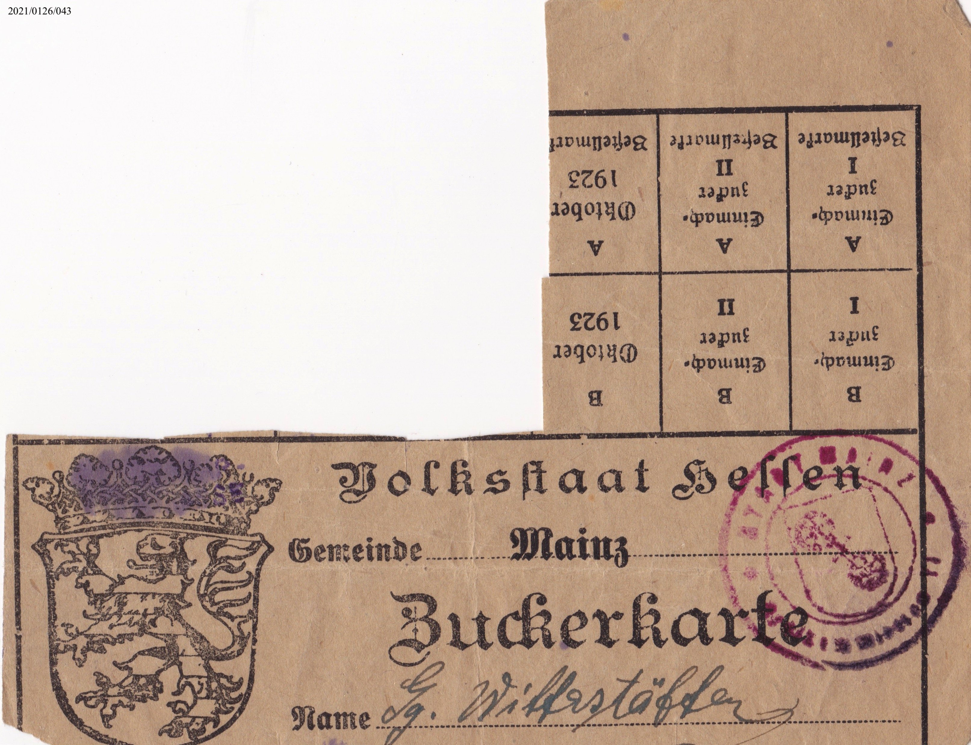 Zuckerkarte Volksstaat Hessen Gemeinde Mainz 1923 (Museumsgesellschaft Bad Dürkheim e. V. CC BY-NC-SA)