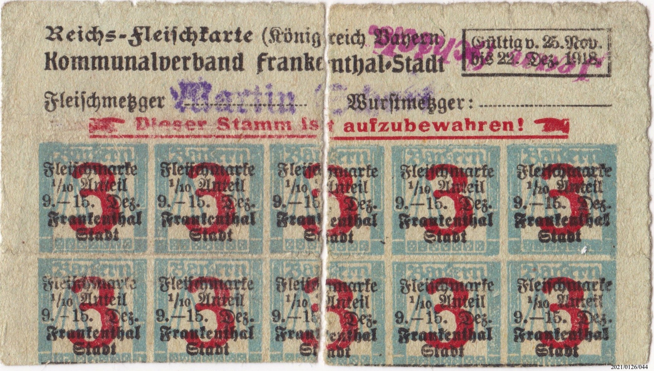 Reichs-Fleischkarte Königreich Bayern Kommunalverband Frankenthal-Stadt 1918 (Museumsgesellschaft Bad Dürkheim e. V. CC BY-NC-SA)