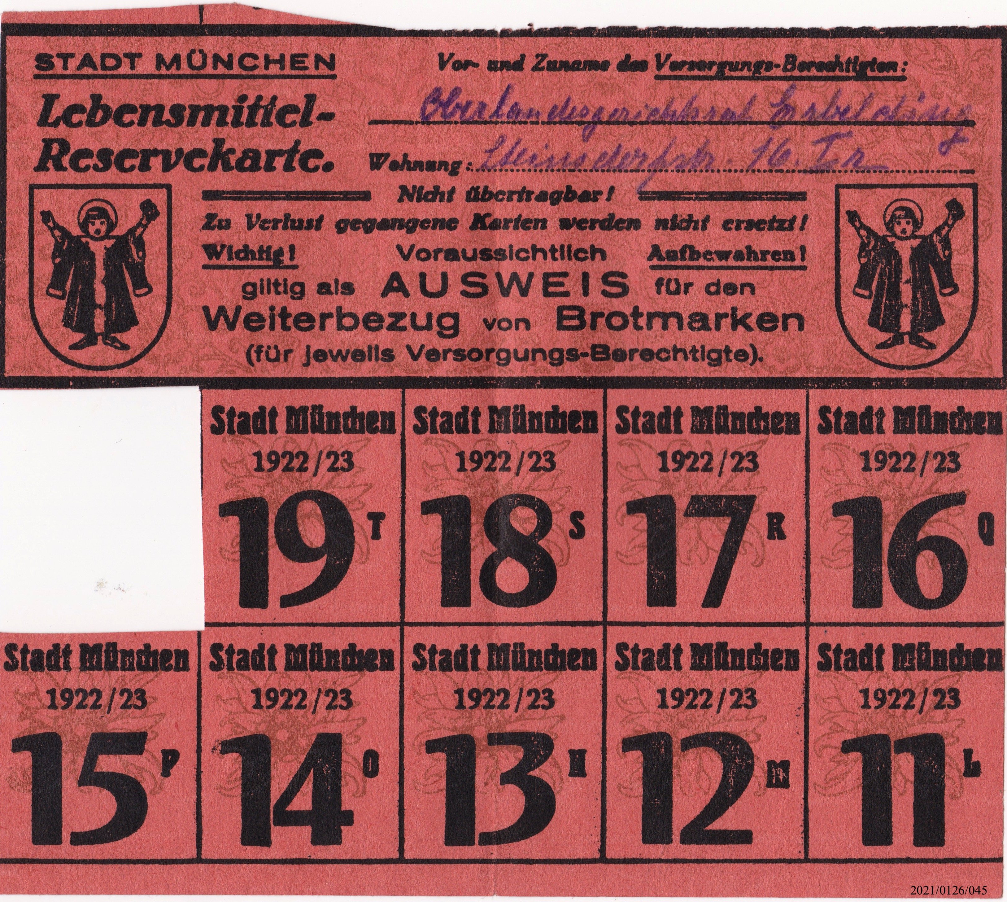 Lebensmittel-Reservekarte Stadt München 1922/23 (Museumsgesellschaft Bad Dürkheim e. V. CC BY-NC-SA)