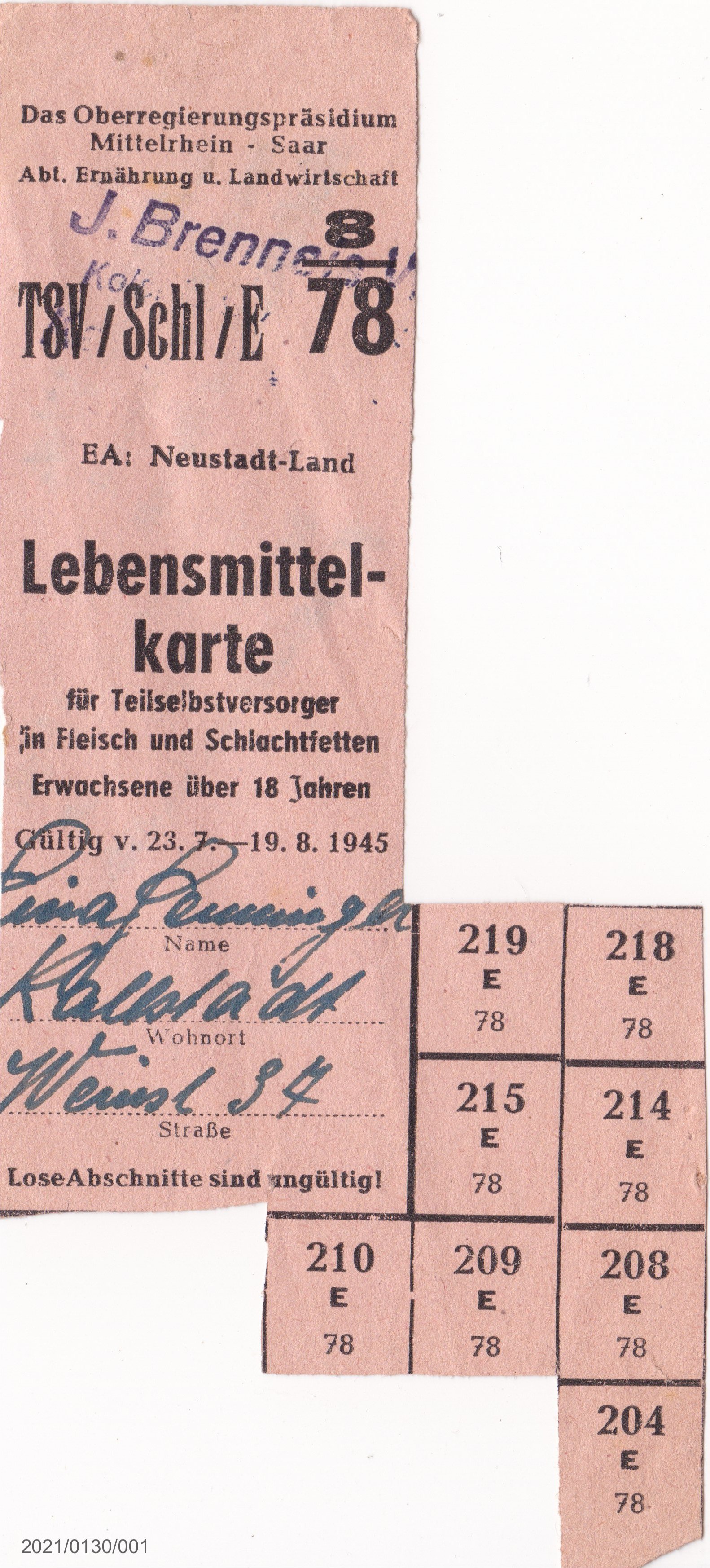 Lebensmittekarte für Teilselbstversorger in Fleisch und Schlachtfetten 1945 (Museumsgesellschaft Bad Dürkheim e. V. CC BY-NC-SA)