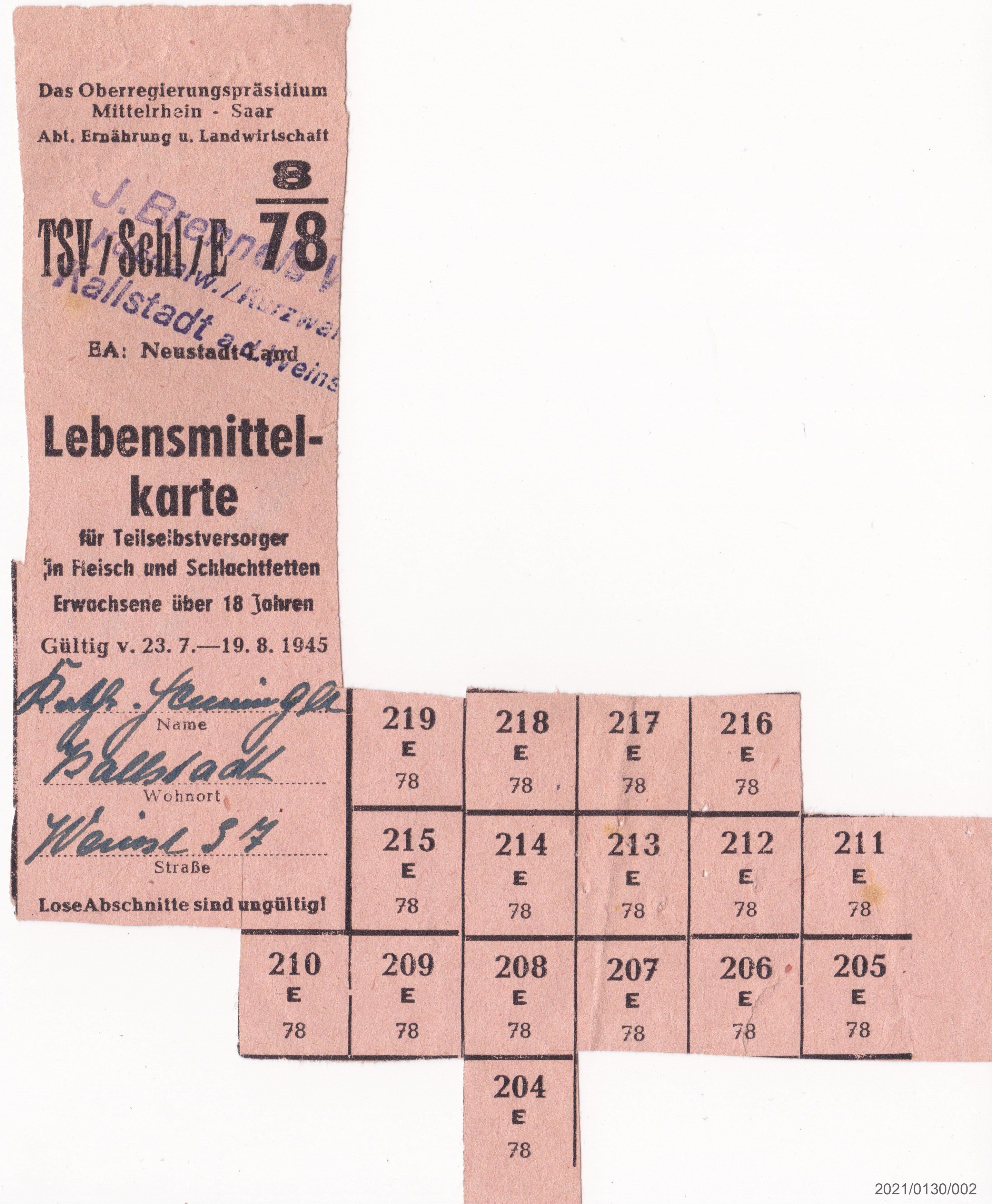 Weitere Lebensmittekarte für Teilselbstversorger in Fleisch und Schlachtfetten August 1945 (Museumsgesellschaft Bad Dürkheim e. V. CC BY-NC-SA)