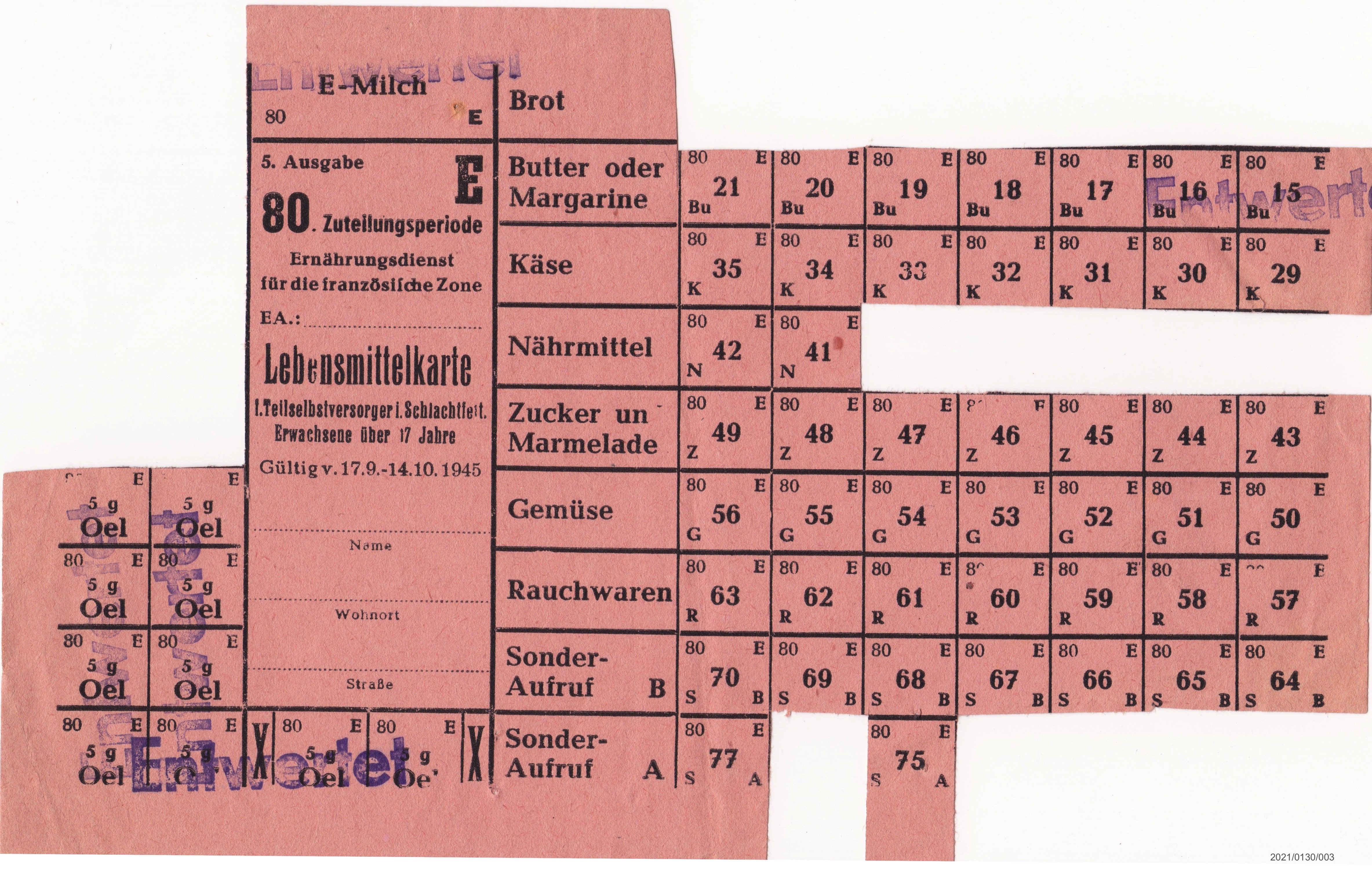 Lebensmittekarte für Teilselbstversorger in Fleisch und Schlachtfetten 1945 46 Abschnitte (Museumsgesellschaft Bad Dürkheim e. V. CC BY-NC-SA)