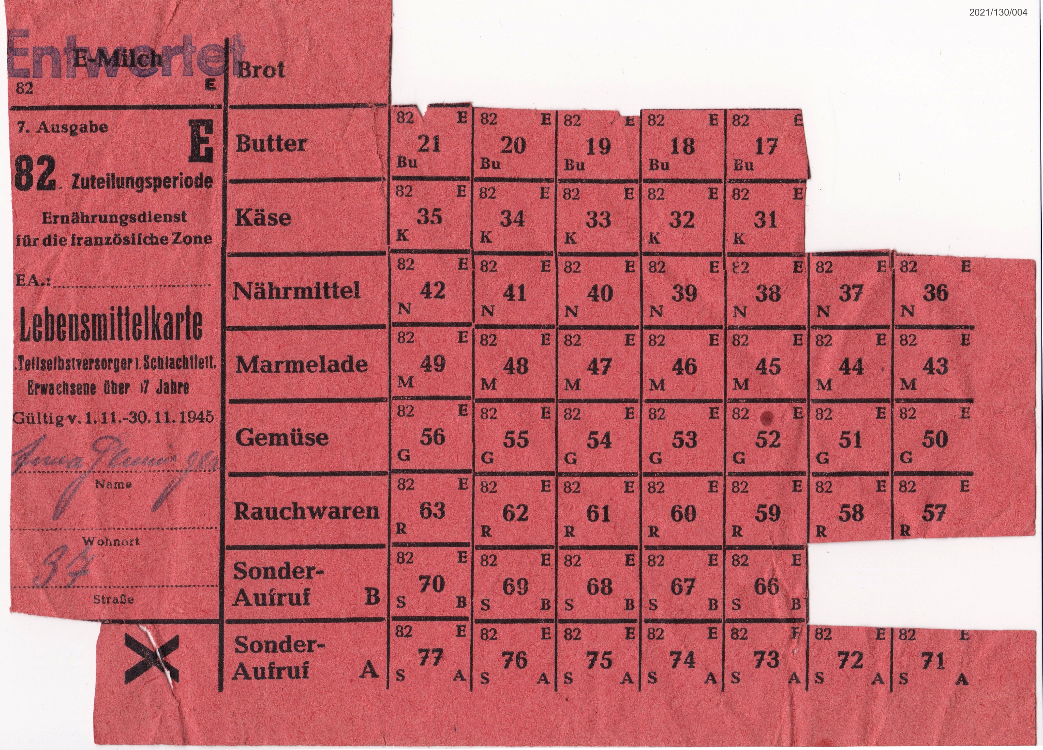 Lebensmittekarte für Teilselbstversorger in Fleisch und Schlachtfetten 1945 50 Abschnitte (Museumsgesellschaft Bad Dürkheim e. V. CC BY-NC-SA)