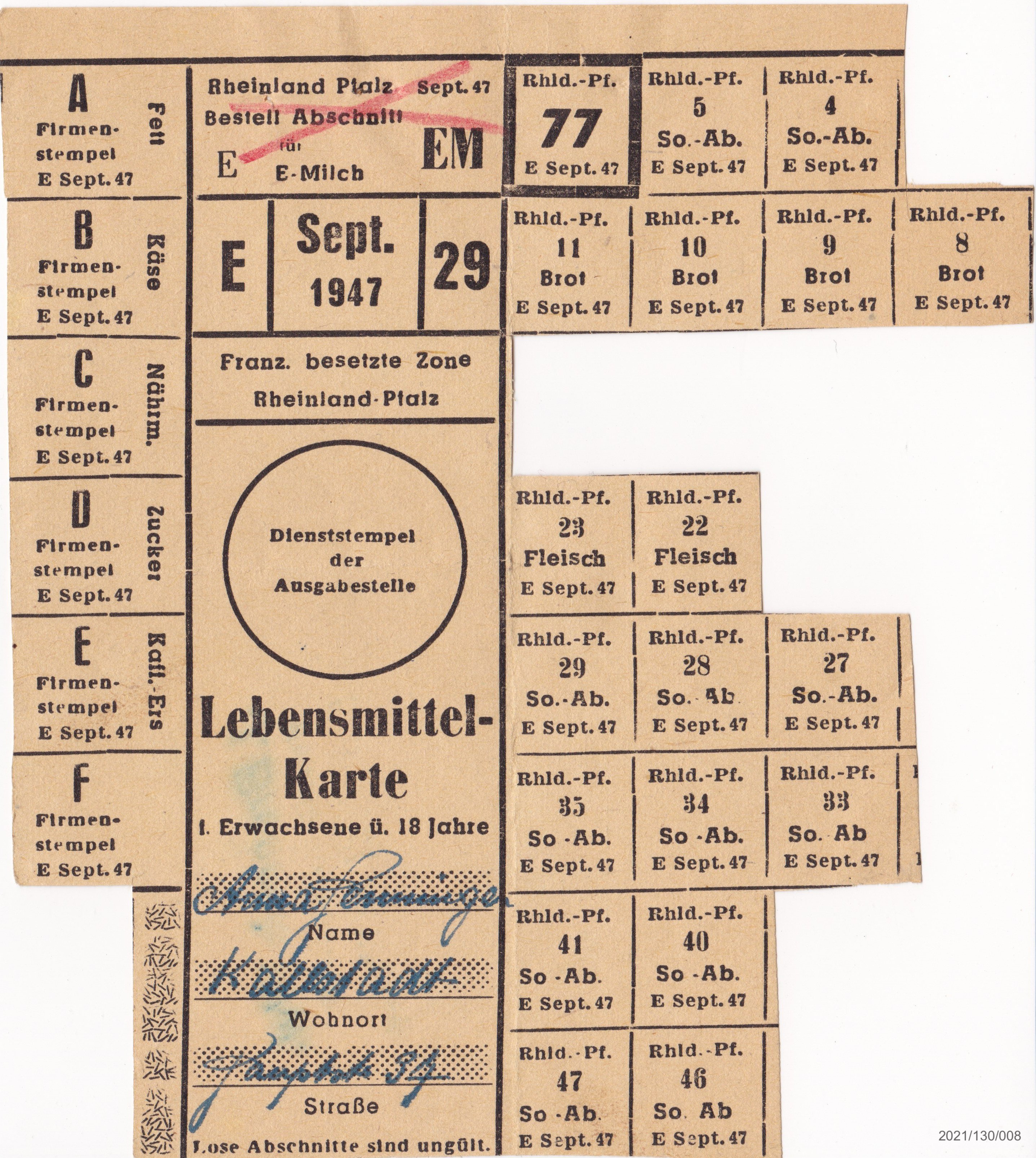 Lebensmittelkarte Sept. 1947 Rheinlad Pfalz Anna Henninger (M CC BY-NC-SA)