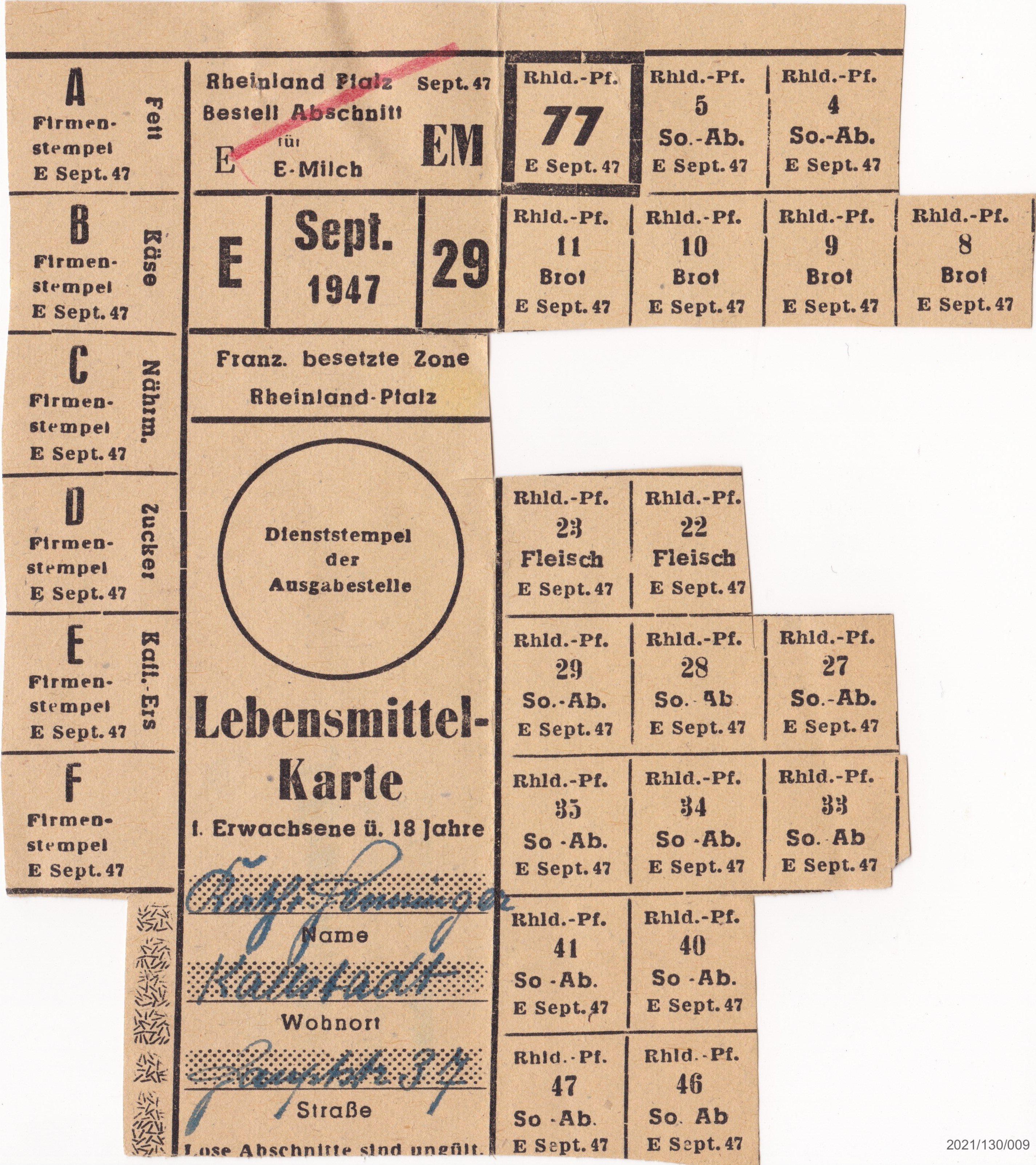 Lebensmittelkarte Sept. 1947 Rheinlad Pfalz Anna Henninger (Museumsgesellschaft Bad Dürkheim e. V. CC BY-NC-SA)