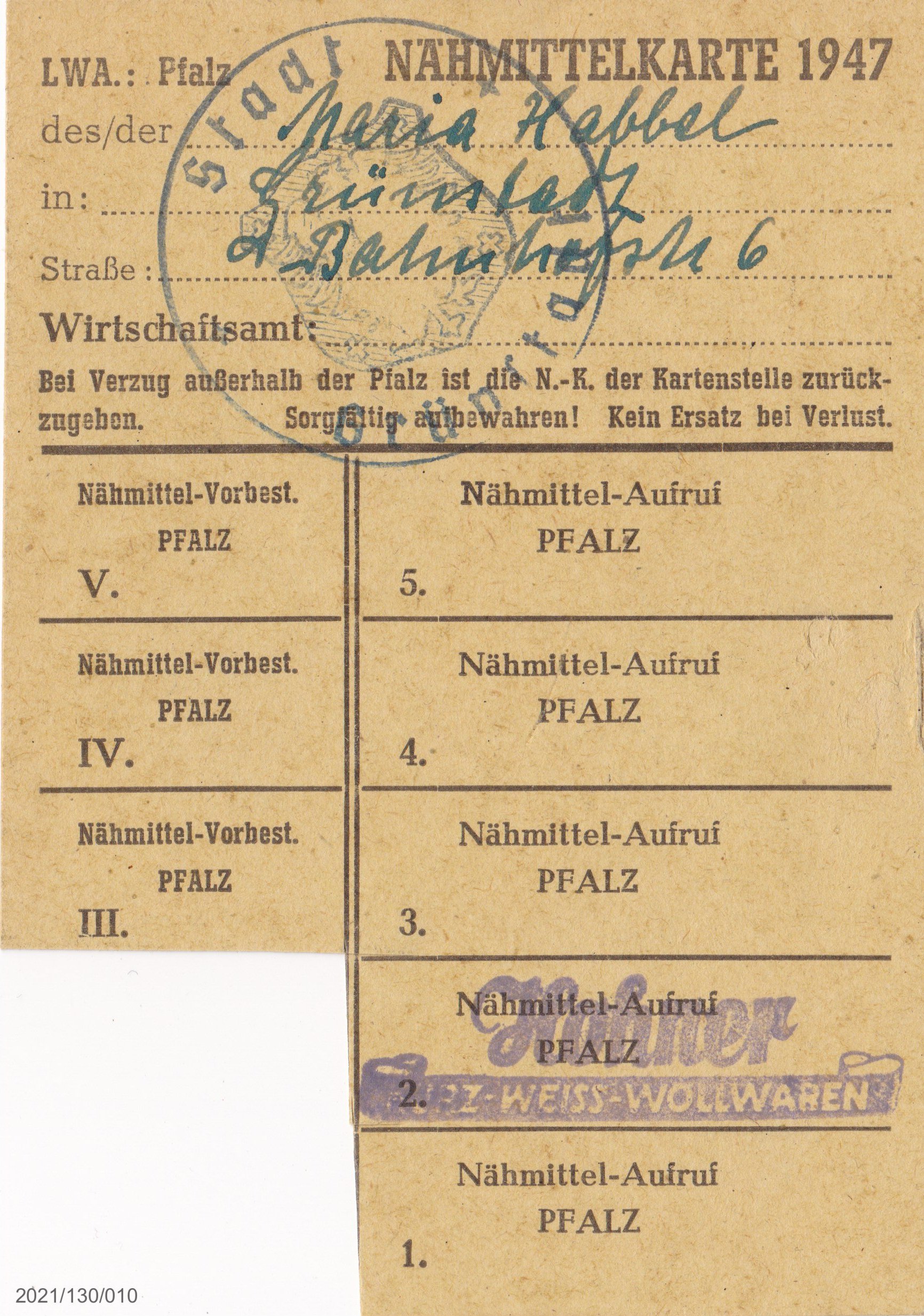 Nähmittelkarte 1947 Pfalz (Museumsgesellschaft Bad Dürkheim e. V. CC BY-NC-SA)