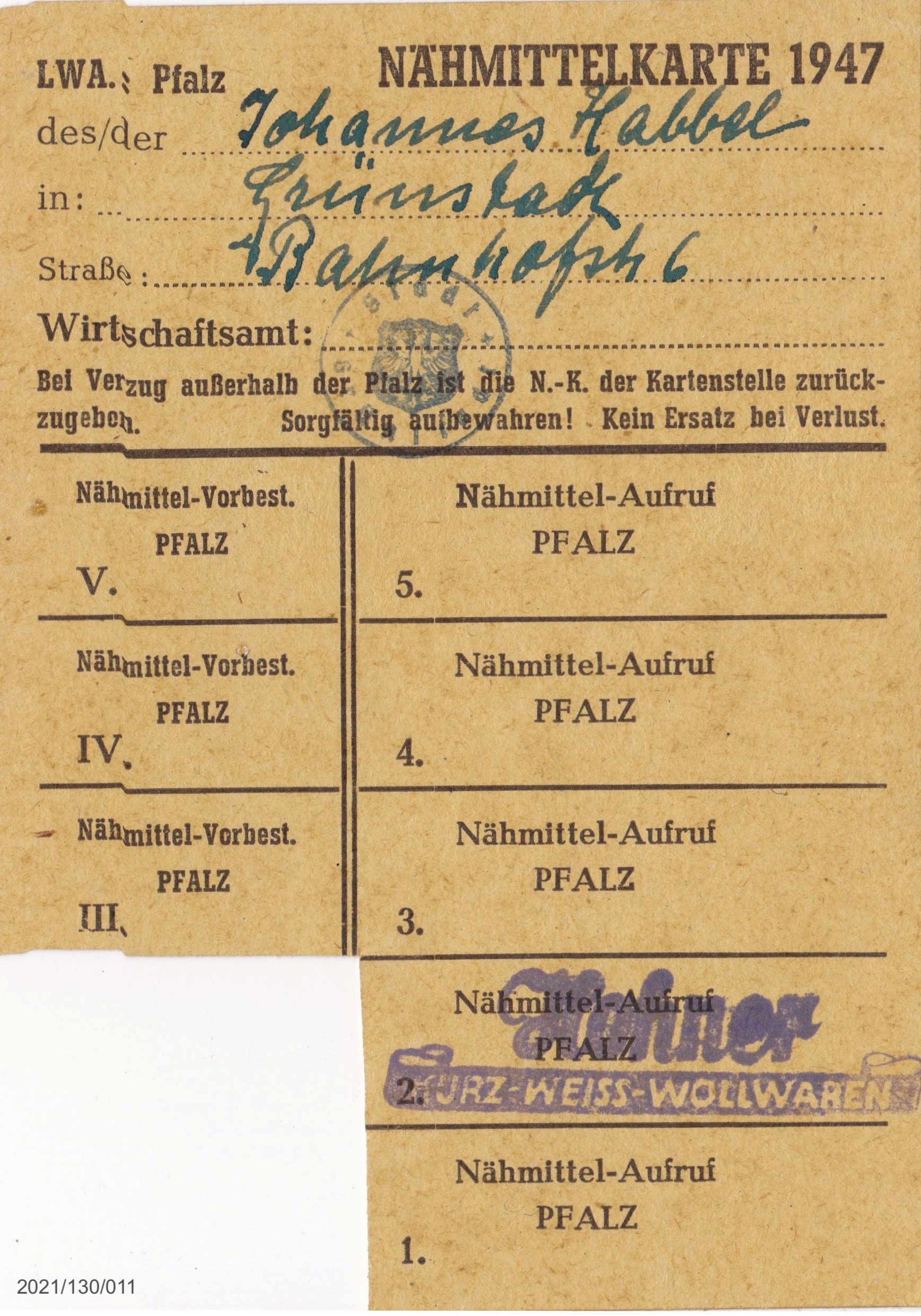 Nähmittelkarte 1947 Pfalz Johannes Kabbel (Museumsgesellschaft Bad Dürkheim e. V. CC BY-NC-SA)