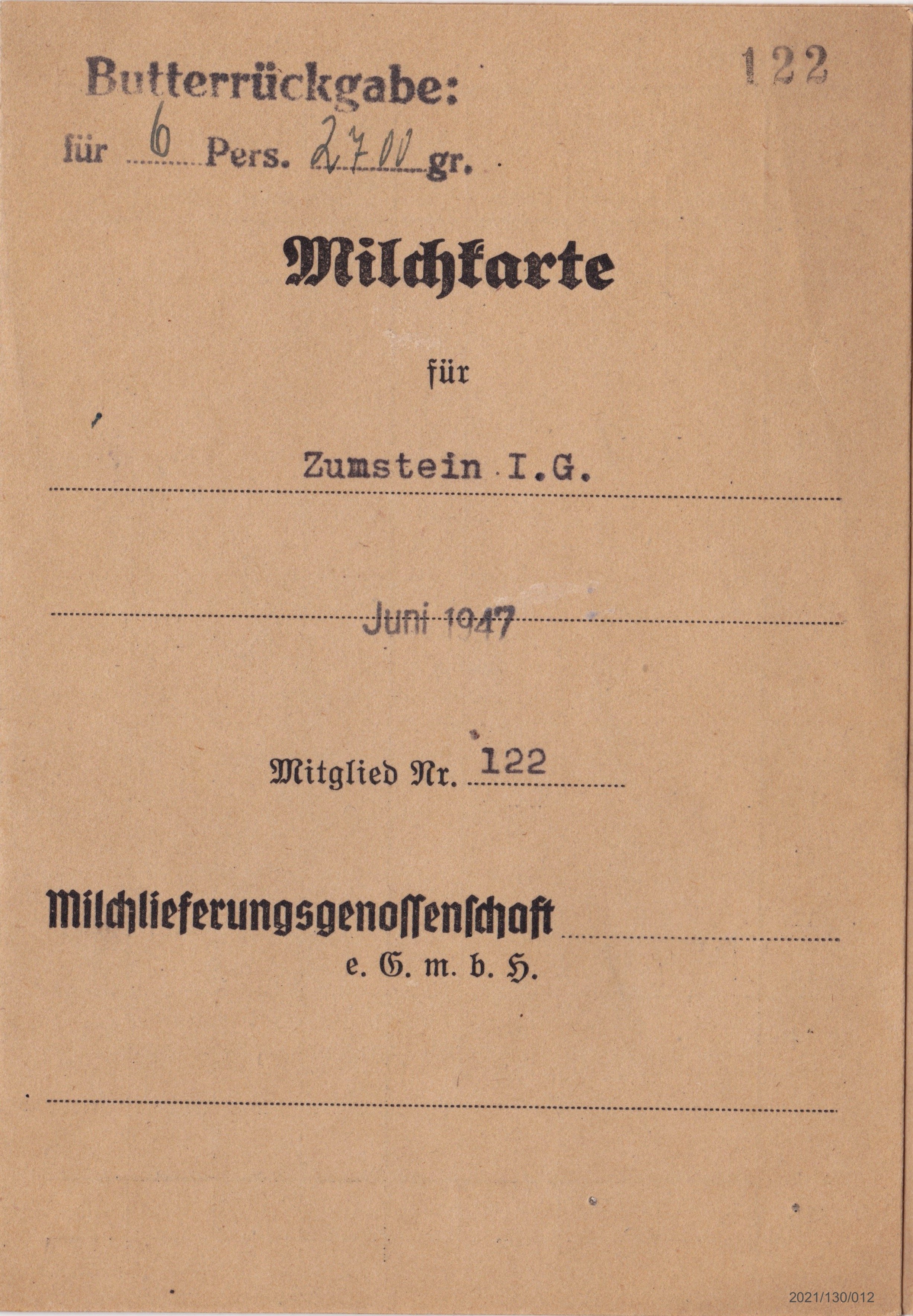 Milchkarte Juni 1947 (Museumsgesellschaft Bad Dürkheim e. V. CC BY-NC-SA)