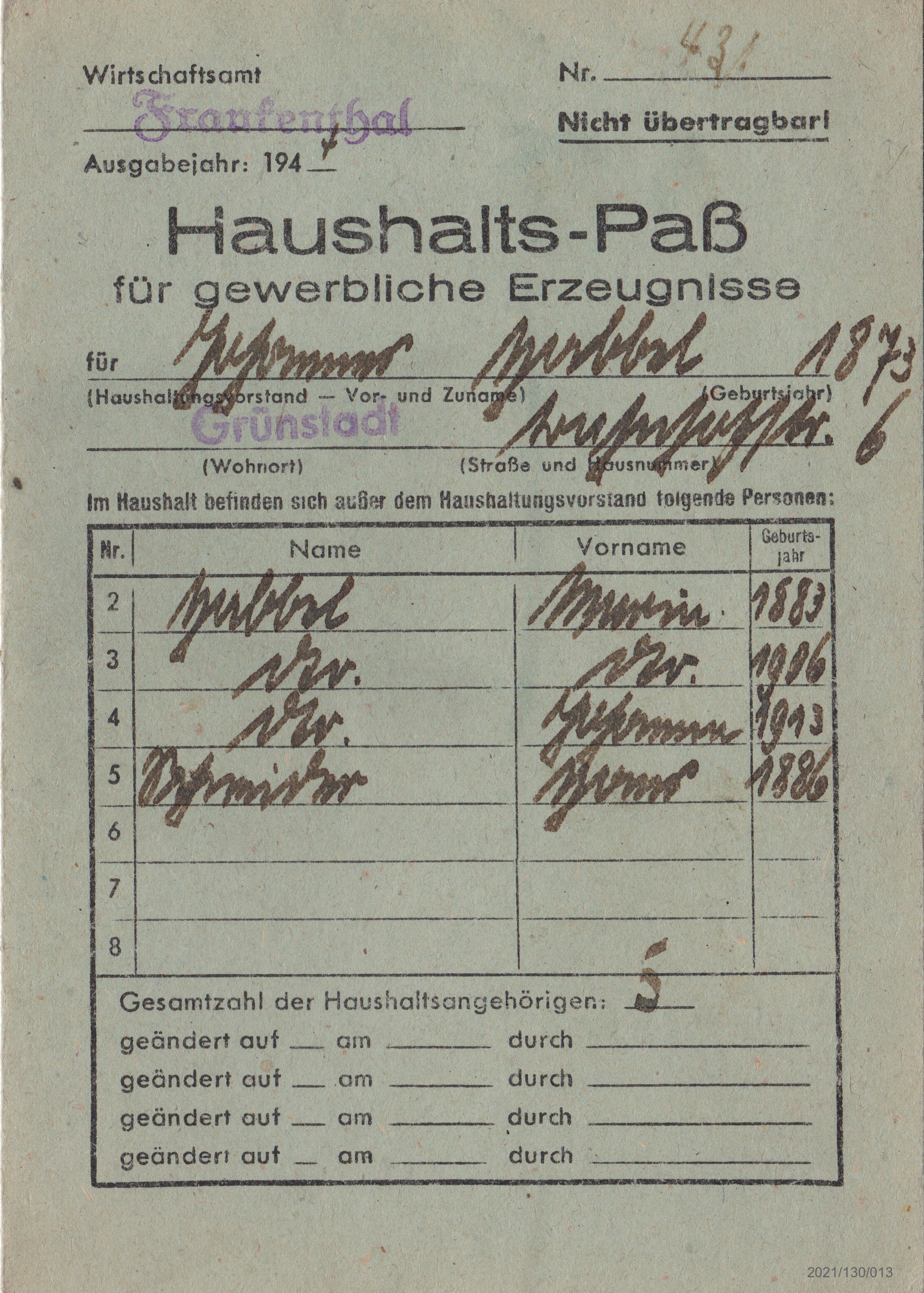 Haushalts-Paß für gewerbliche Erzeugnisse 1947 (Museumsgesellschaft Bad Dürkheim e. V. CC BY-NC-SA)