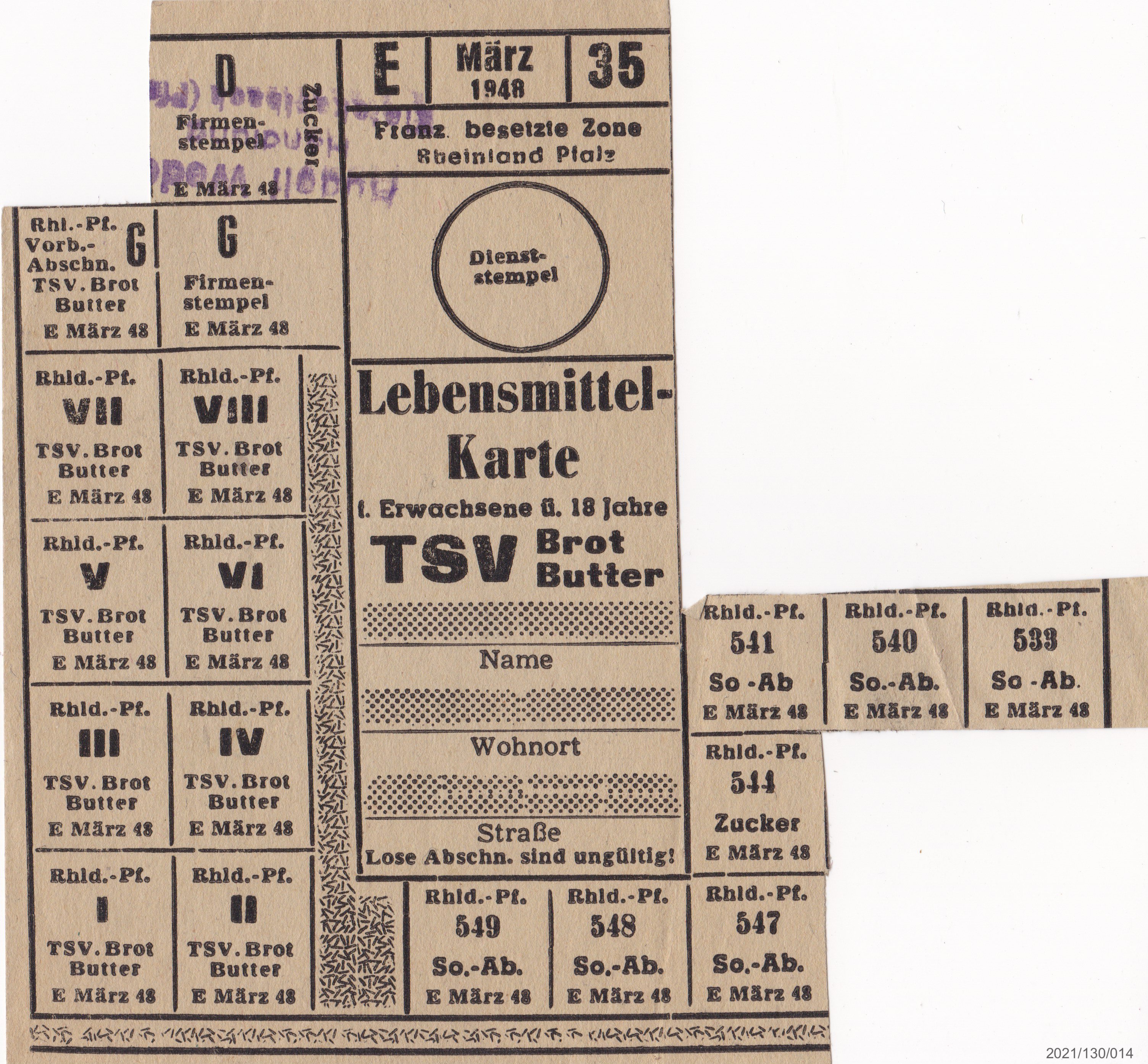 Lebensmittelkarte März 1948 fran. besetzte Zone Rheinland-Pfalz (Museumsgesellschaft Bad Dürkheim e. V. CC BY-NC-SA)