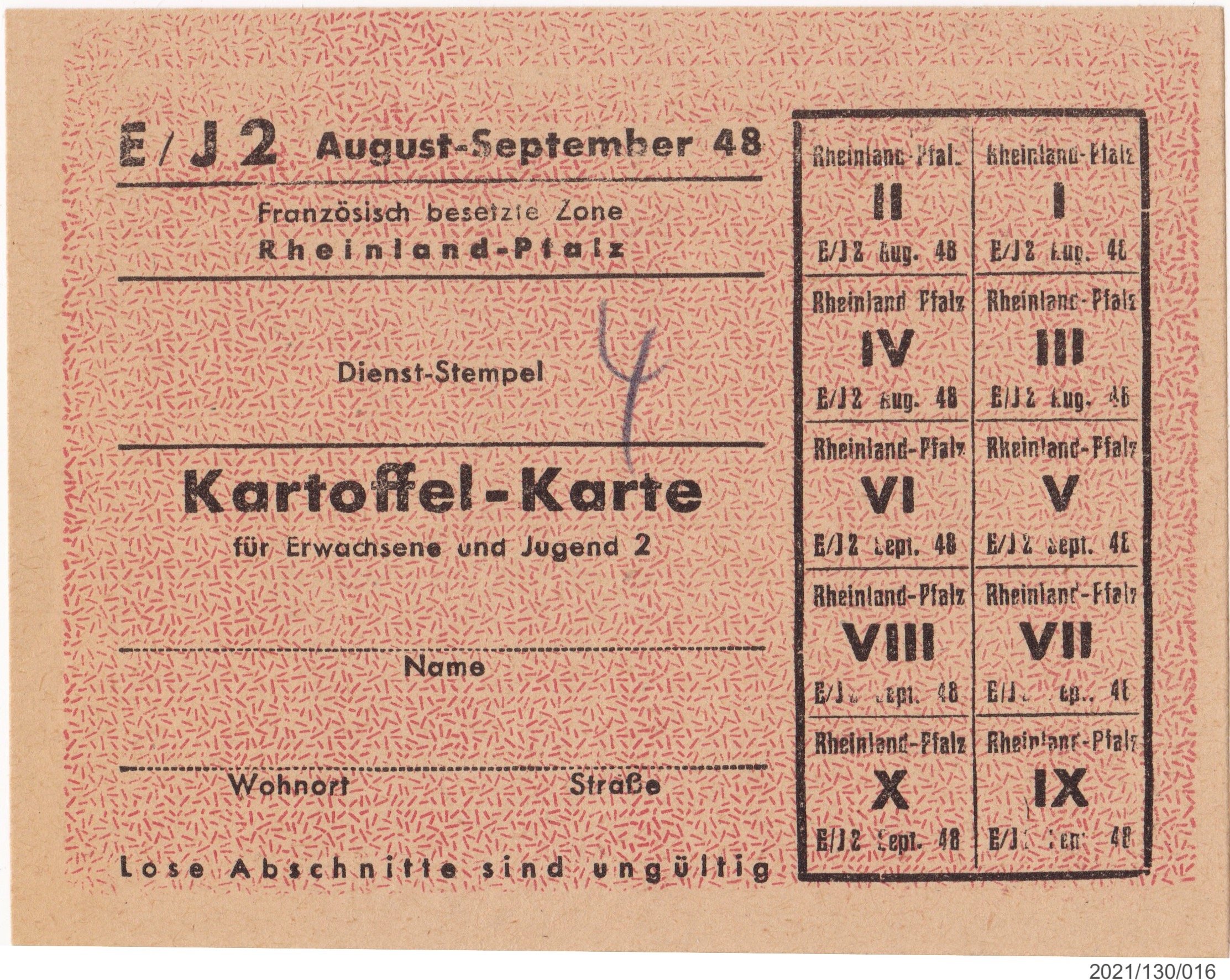 Kartoffelkarte August-September 1948 franz. besetzte Zone Rheinland-Pfalz (Museumsgesellschaft Bad Dürkheim e. V. CC BY-NC-SA)