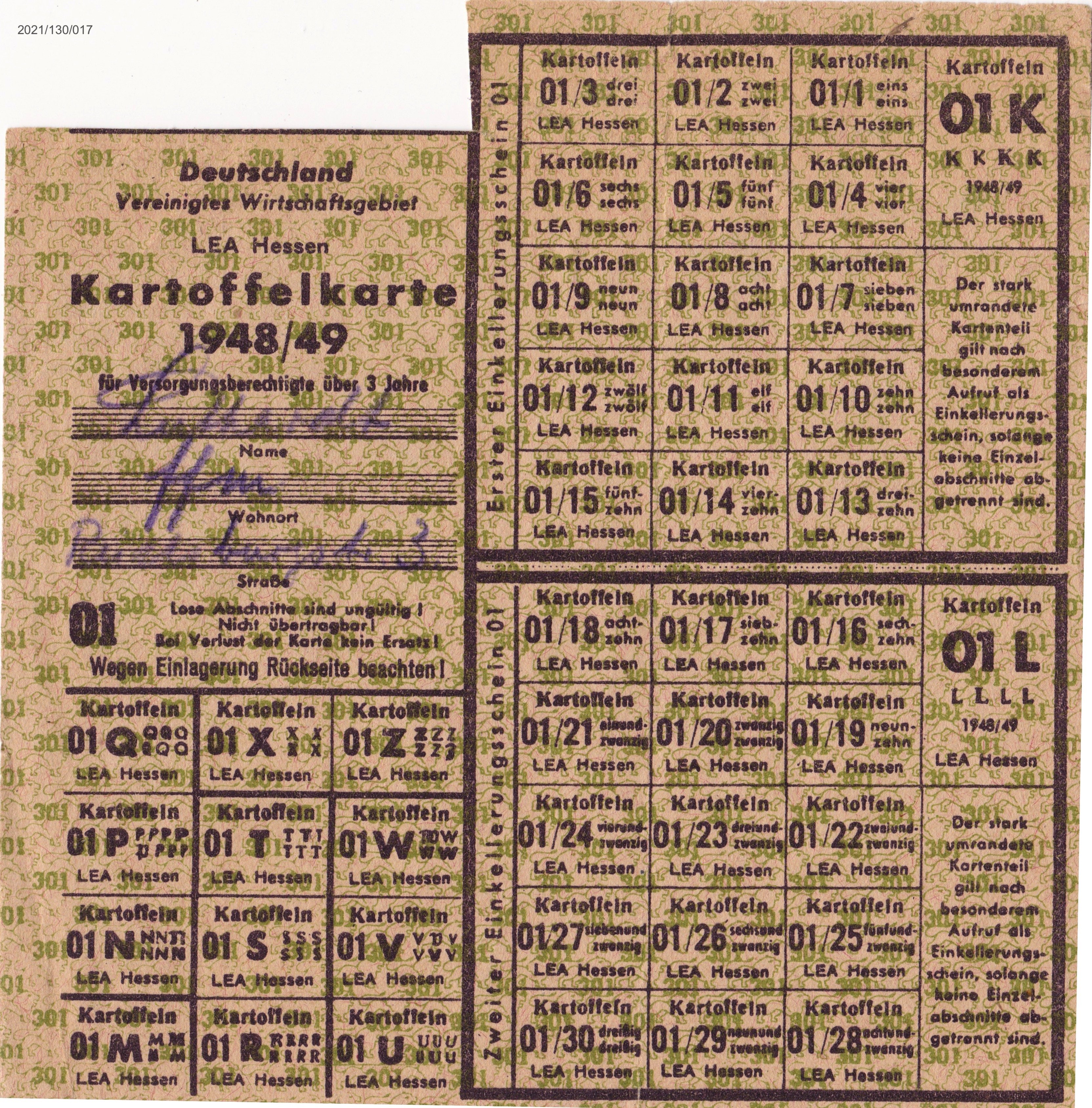 BRD Nordrhein Westfalen Bonn Land  Kartoffelkarte  Lebensmittelkarte 1948 8 