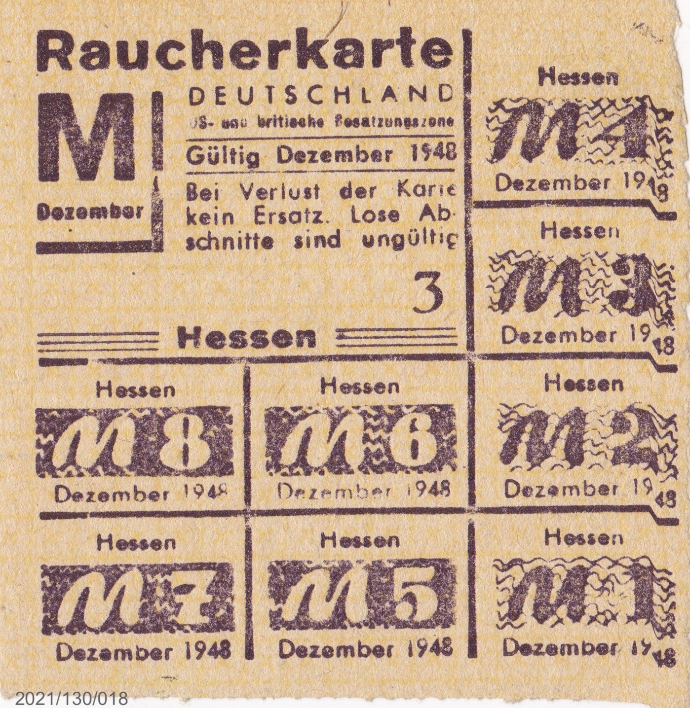 Raucherkarte Deutschland US- und britische Besatzungszone Dezember 1948 (Museumsgesellschaft Bad Dürkheim e. V. CC BY-NC-SA)