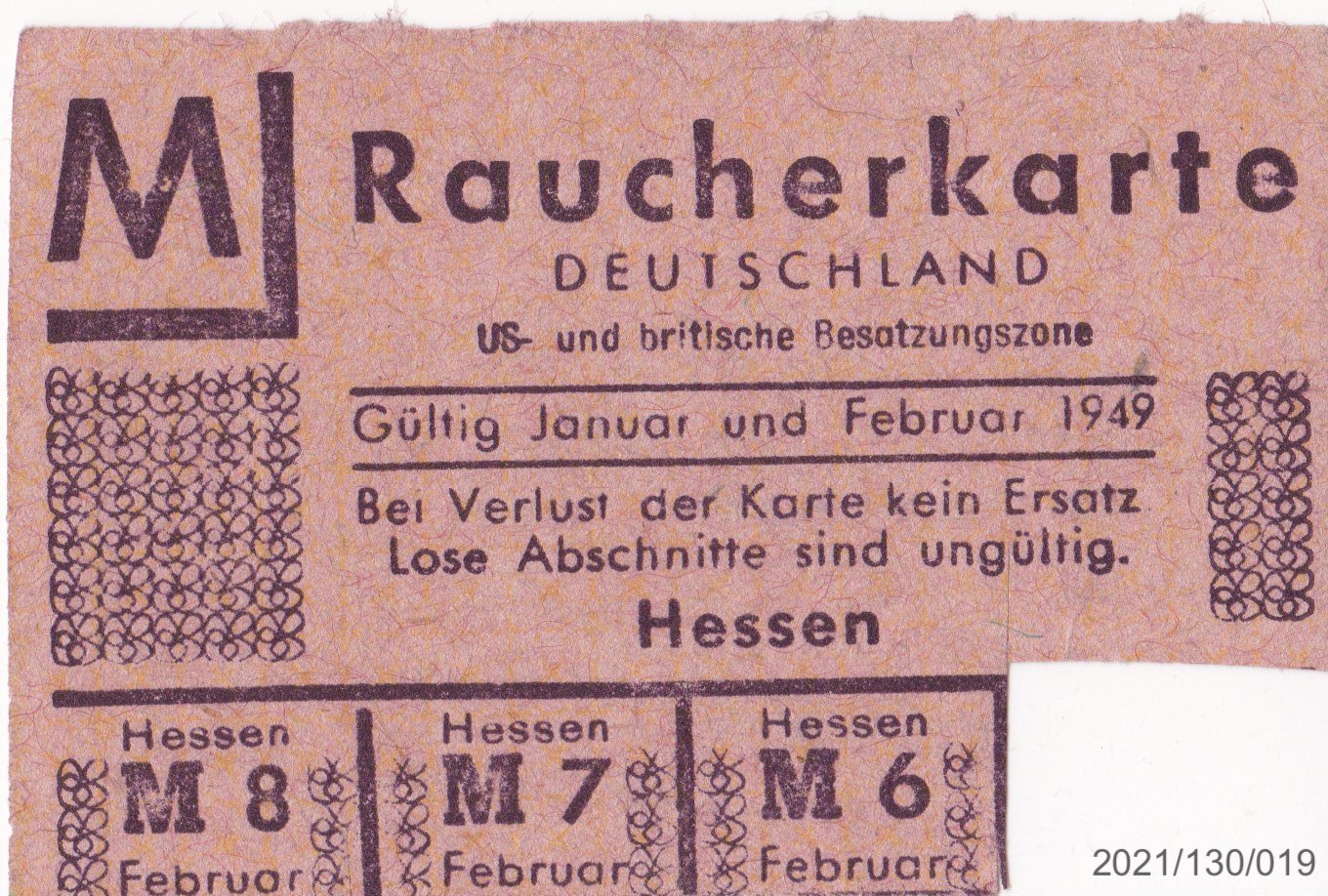 Raucherkarte Deutschland US- und britische Besatzungszone Februar 1949 (Museumsgesellschaft Bad Dürkheim e. V. CC BY-NC-SA)