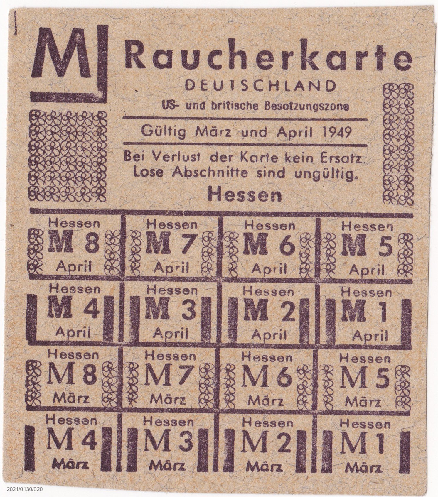 Raucherkarte Deutschland US- und britische Besatzungszone März und April 1949 (Museumsgesellschaft Bad Dürkheim e. V. CC BY-NC-SA)